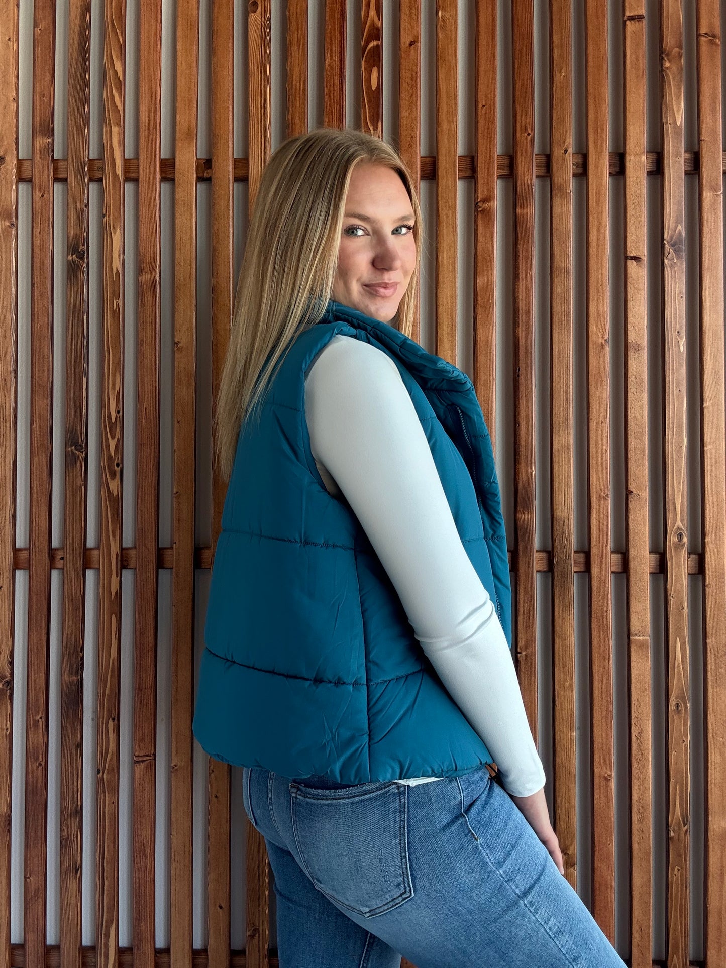 High Neck Puffer Vest - Teal