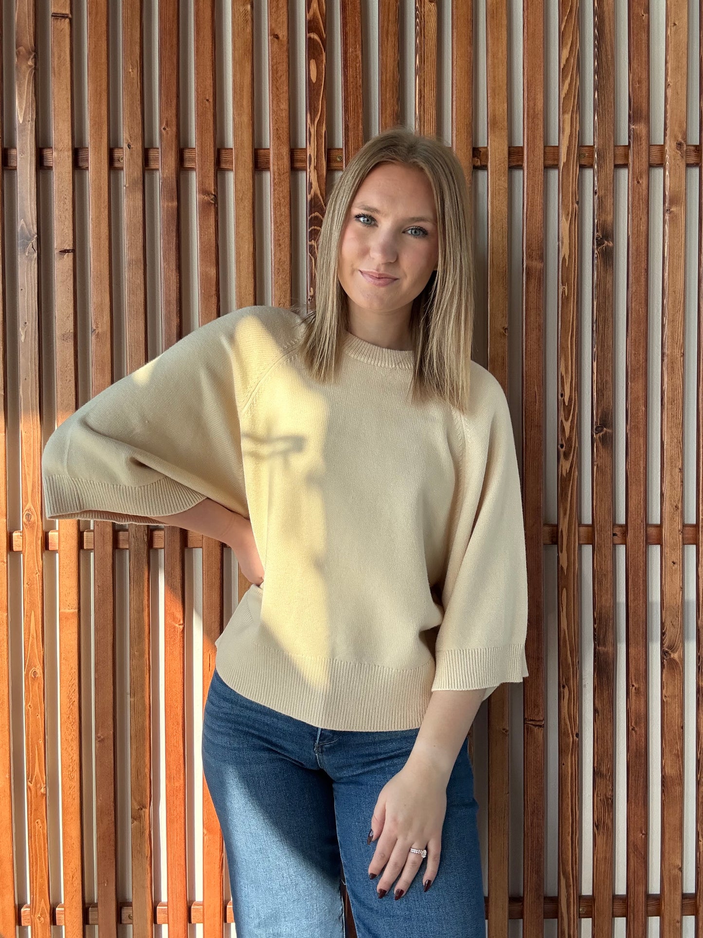 Drop Shoulder Elbow Sleeve Sweater - Cream