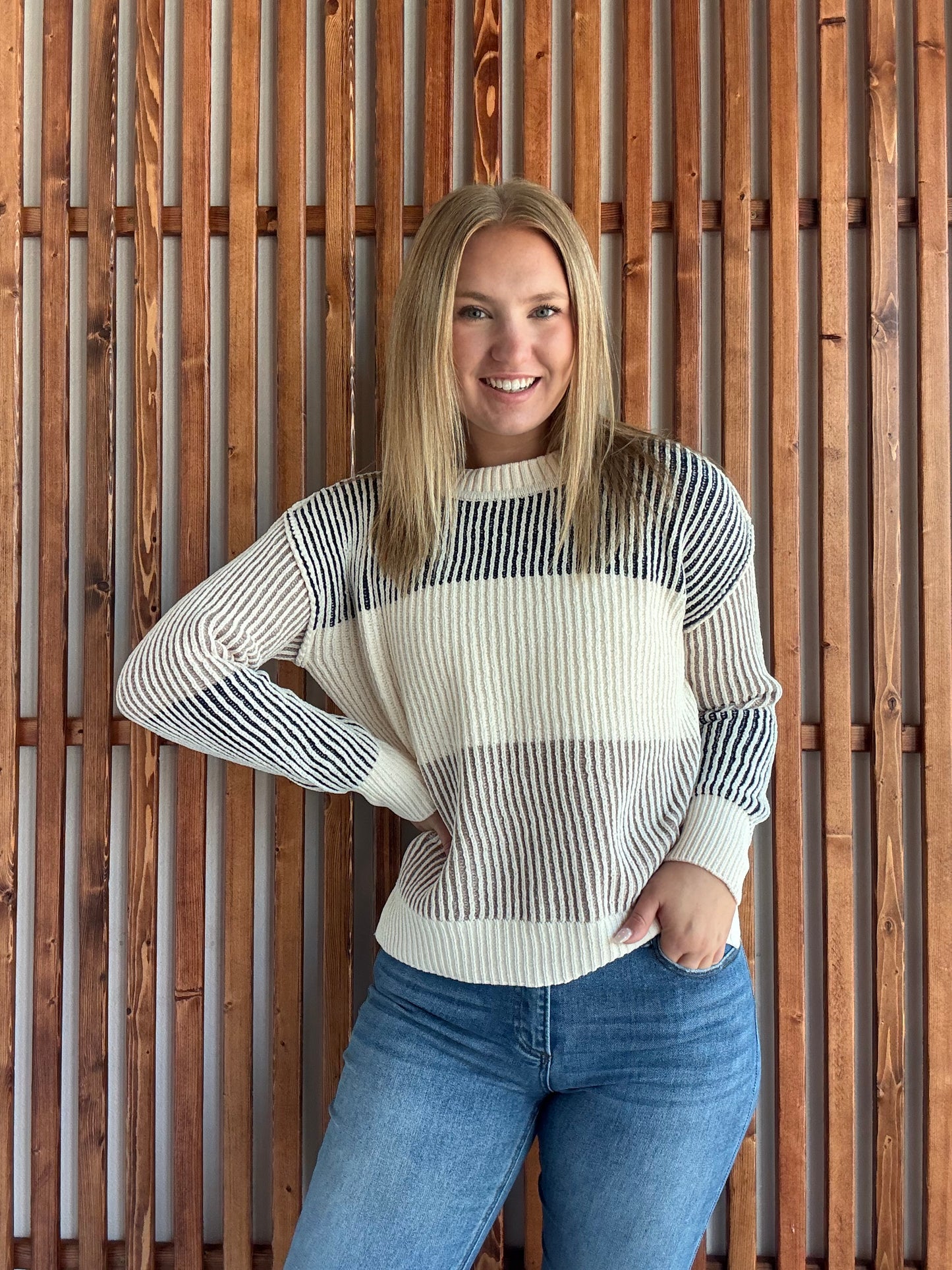 Soft Ribbed Neutral Color Block Sweater