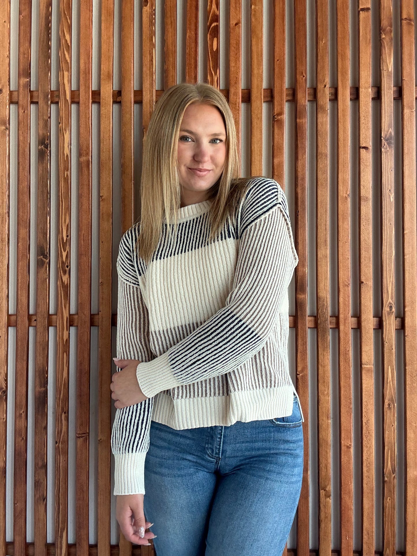 Soft Ribbed Neutral Color Block Sweater