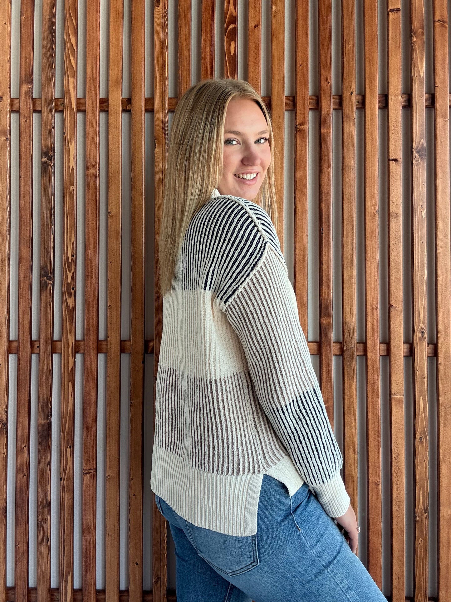 Soft Ribbed Neutral Color Block Sweater