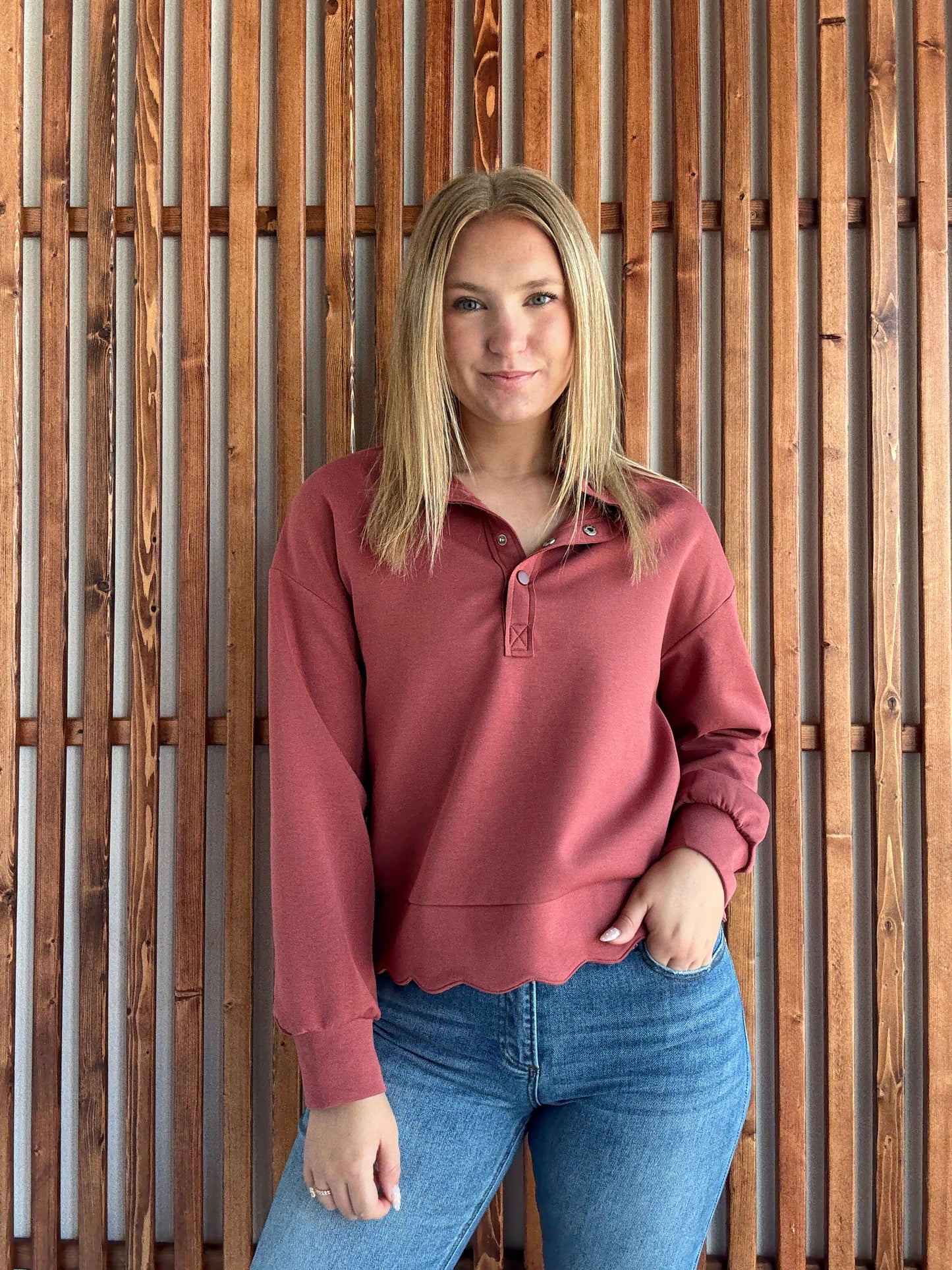 Luxeknit Scallop Hem Snap Pullover - Rosewood