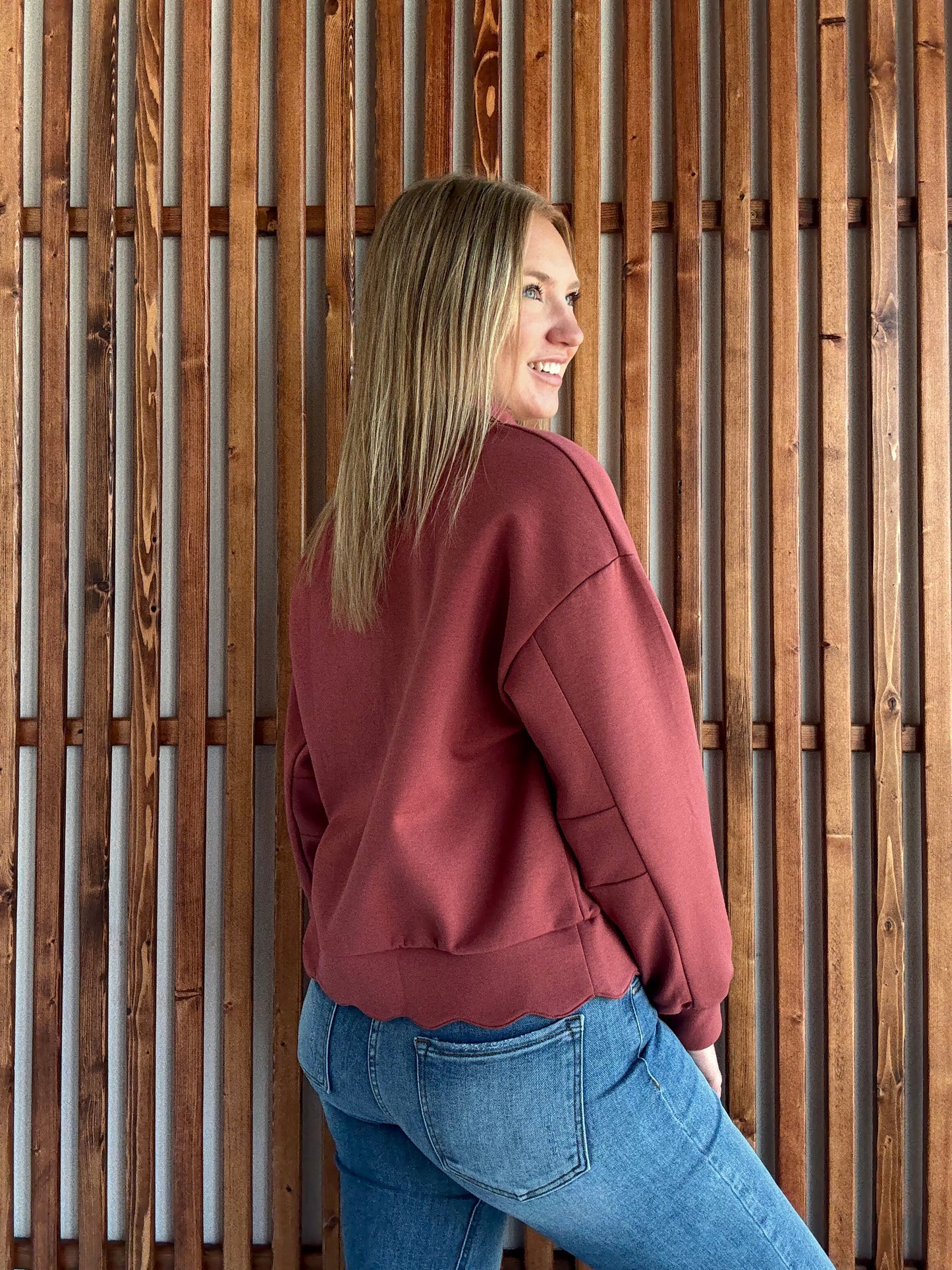 Luxeknit Scallop Hem Snap Pullover - Rosewood