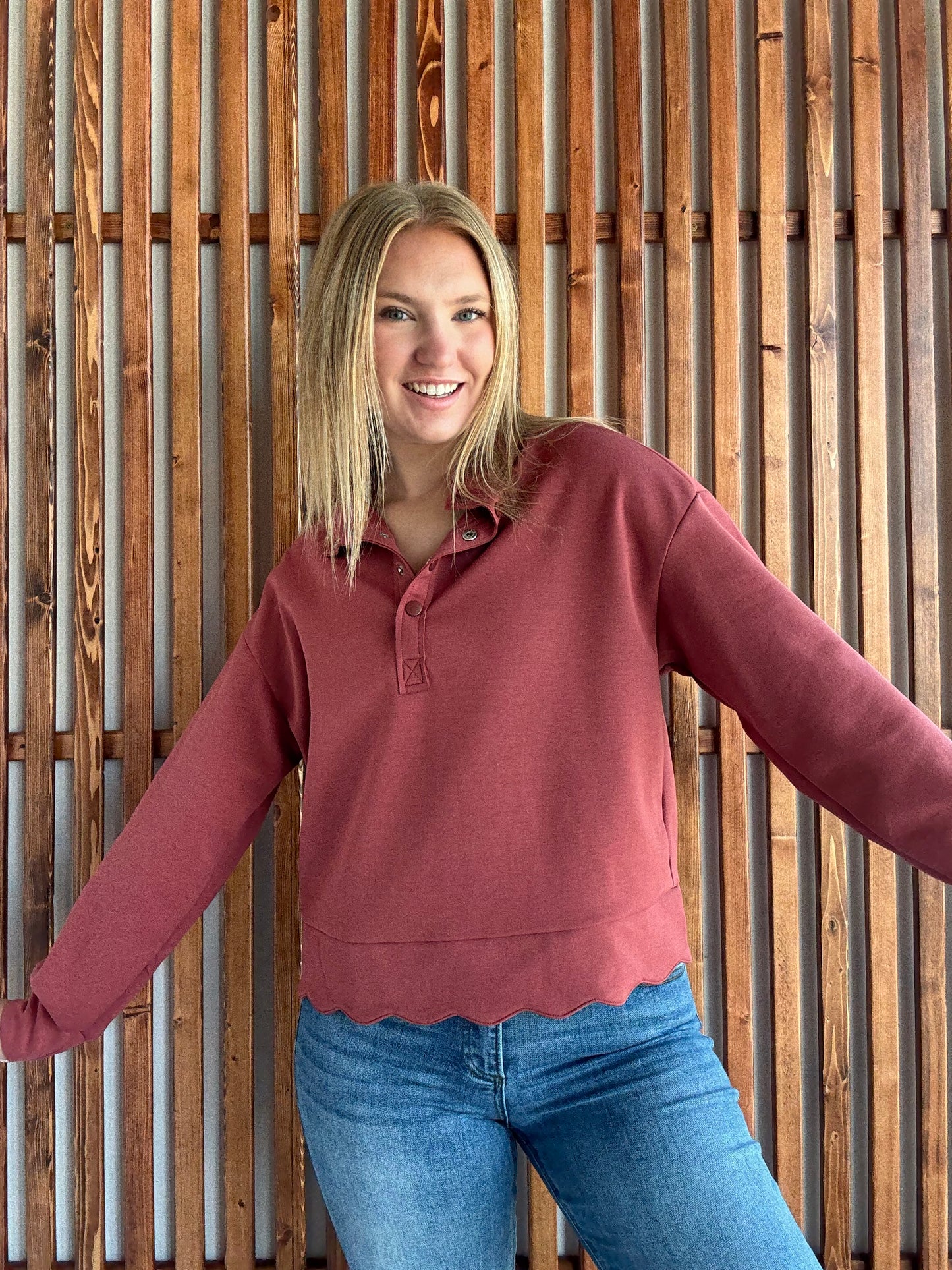 Luxeknit Scallop Hem Snap Pullover - Rosewood