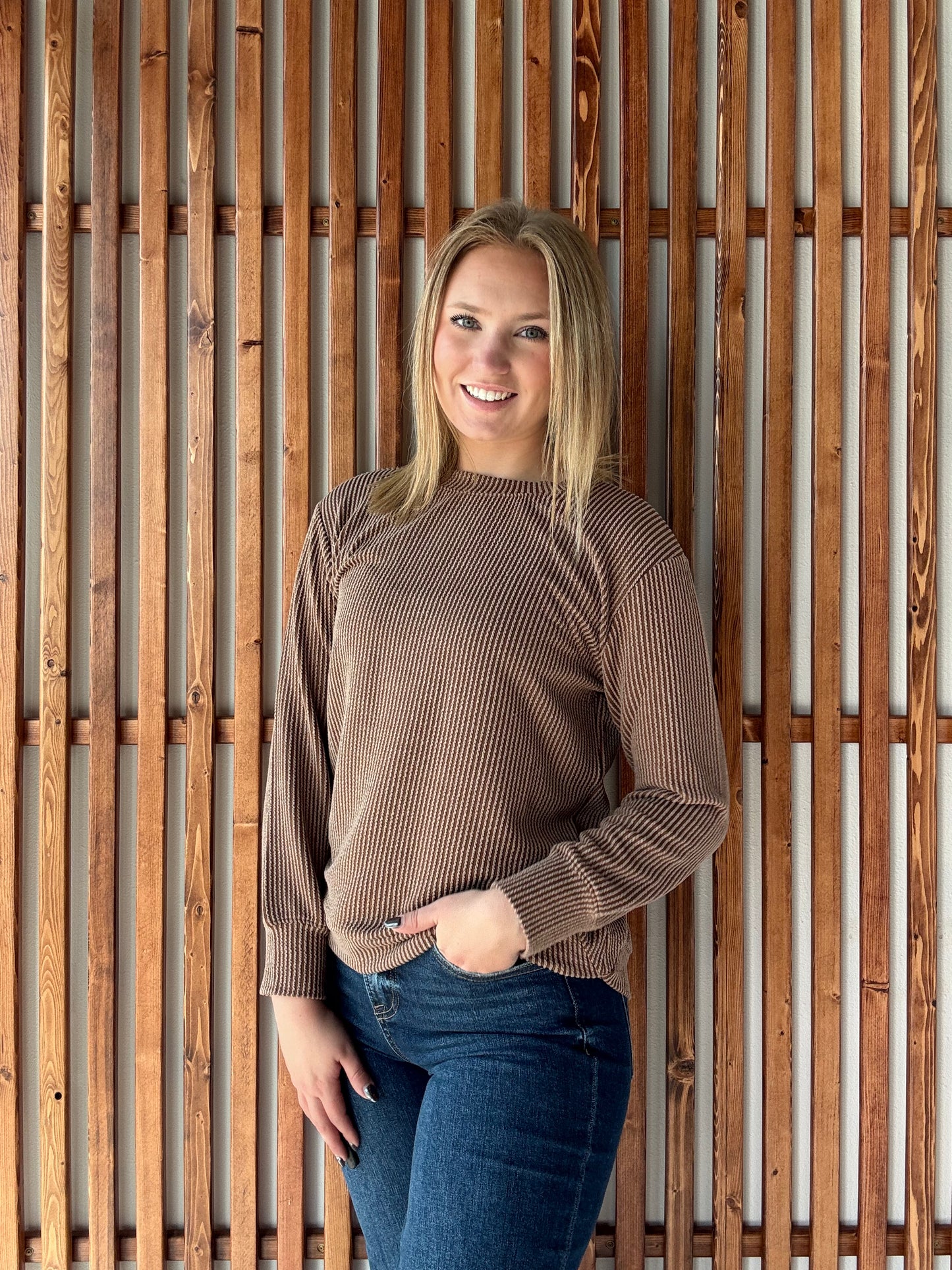Ribbed Round Neck Long Sleeve - Brown