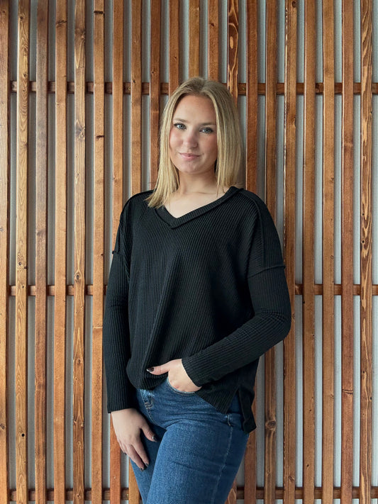 Ribbed Hi-Low V-Neck Long Sleeve - Black