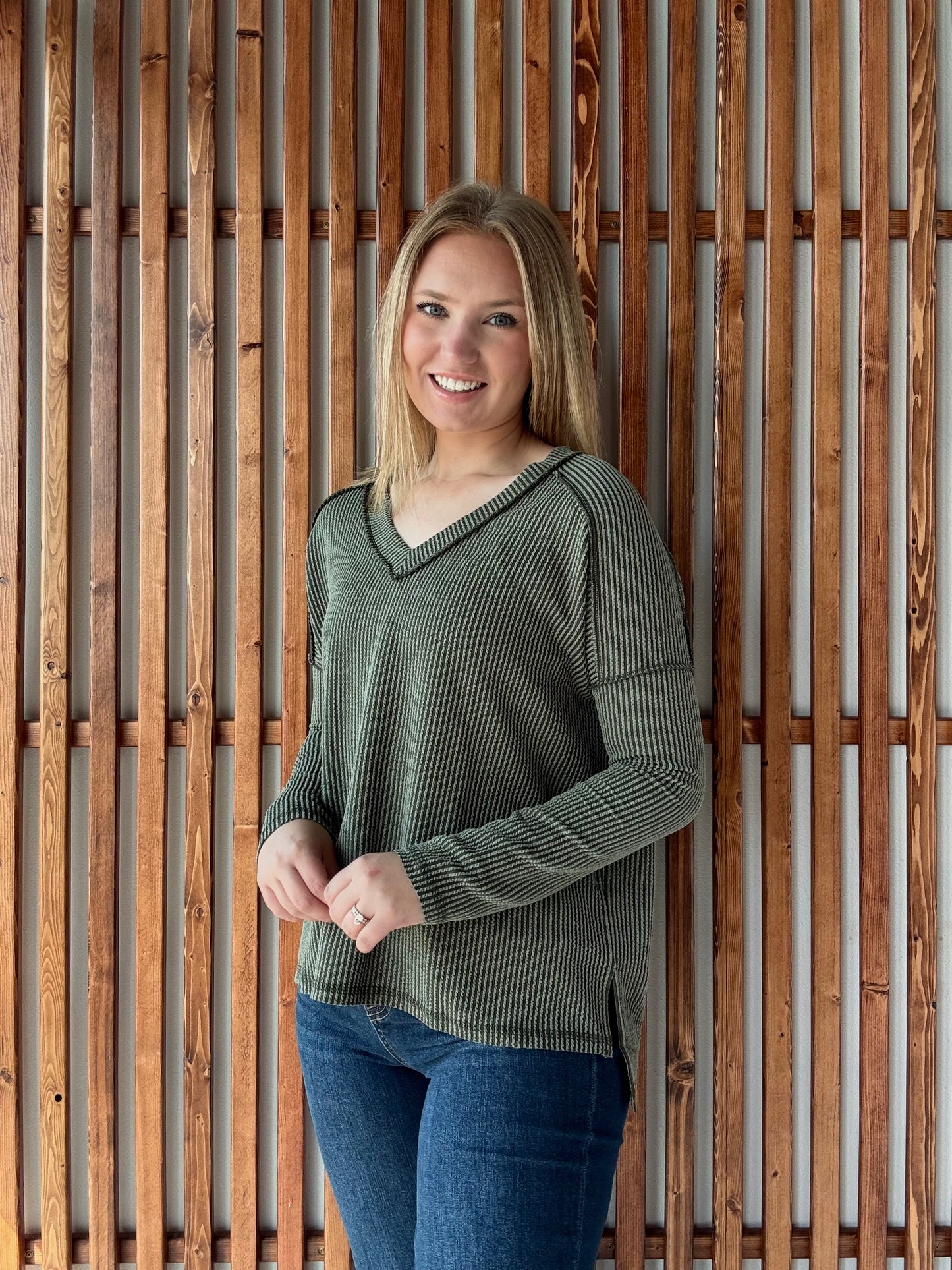 Ribbed Hi-Low V-Neck Long Sleeve - Dark Olive