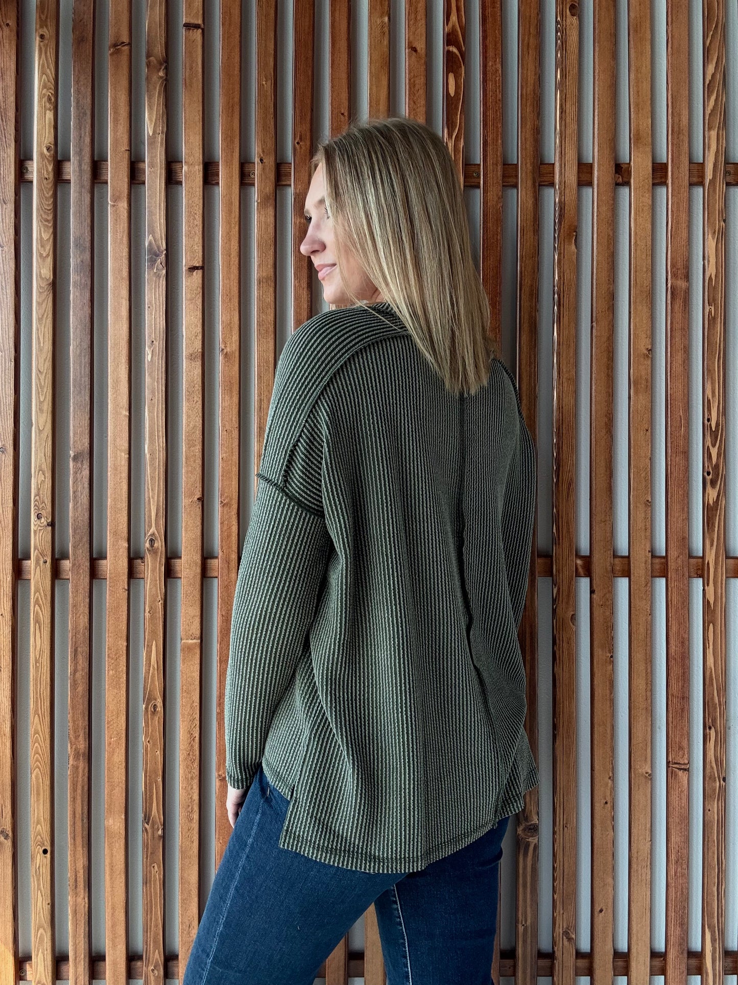 Ribbed Hi-Low V-Neck Long Sleeve - Dark Olive