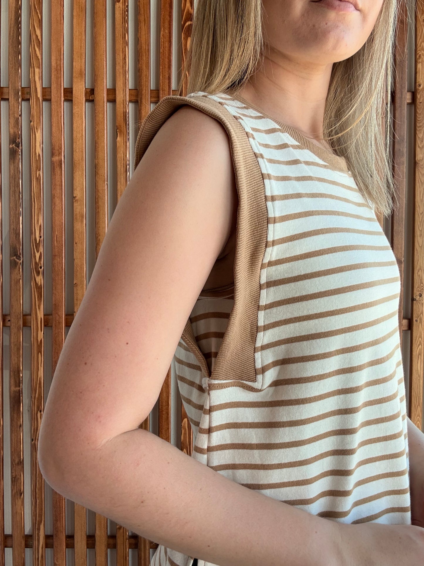 Sleeveless Rib Detail Striped Top - Taupe