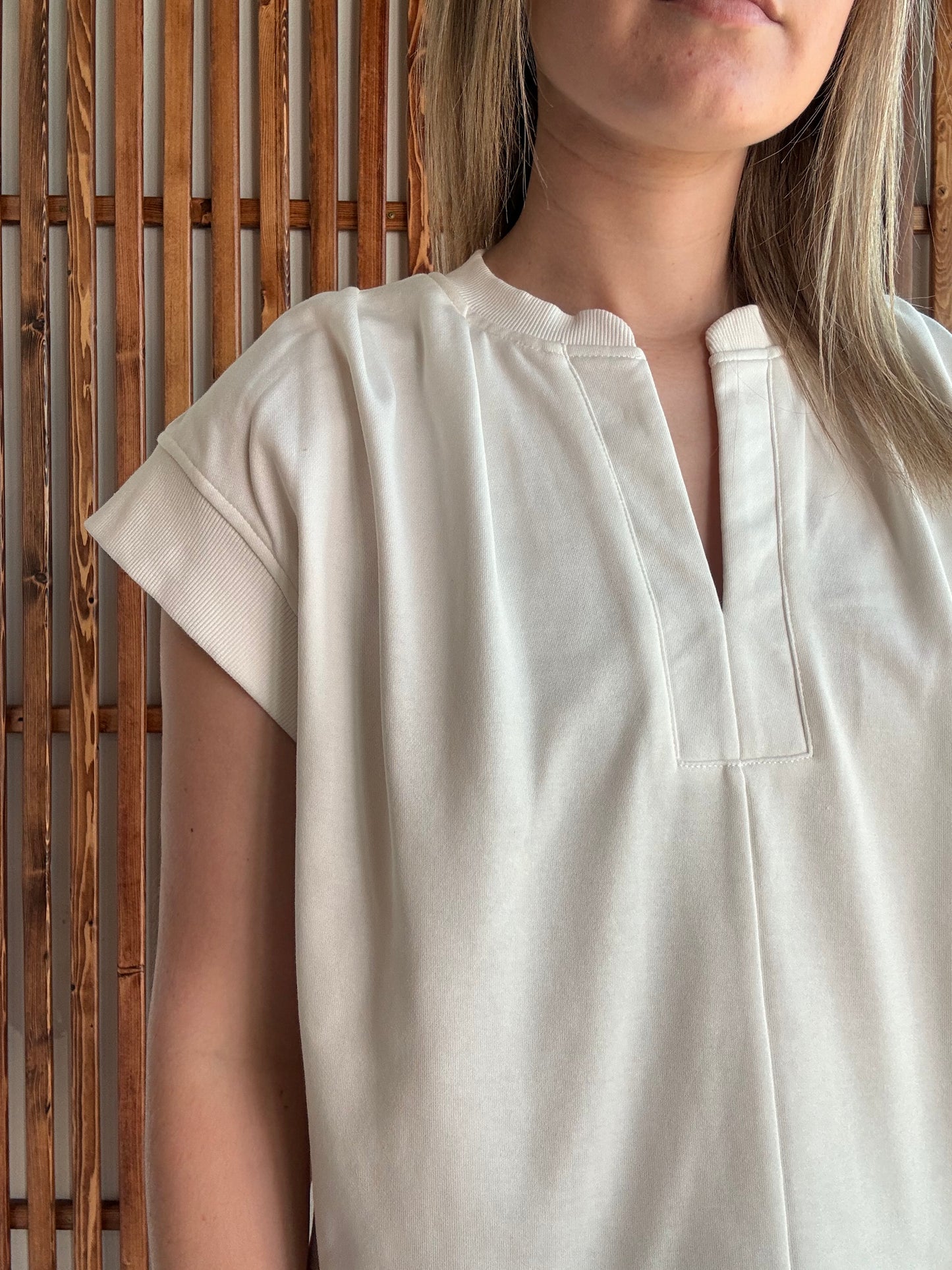Pleated Shoulder V-Neck Cap Sleeve Top - Off White