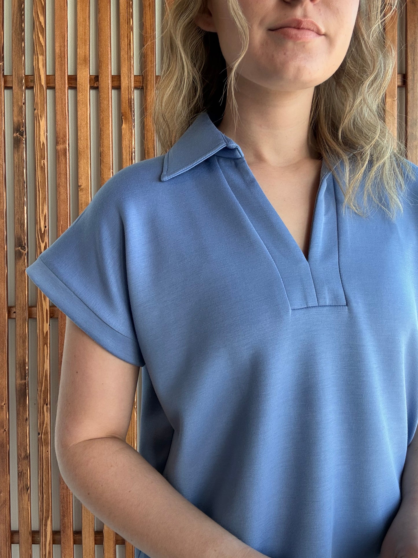 Collared V-Neck Modal Short Sleeve - Chambray