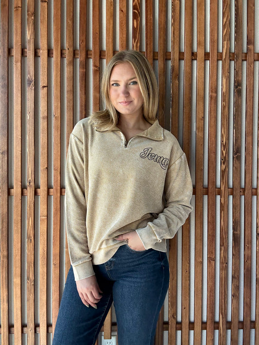 Ribbed 3/4 Zip Vintage Iowa Left Chest