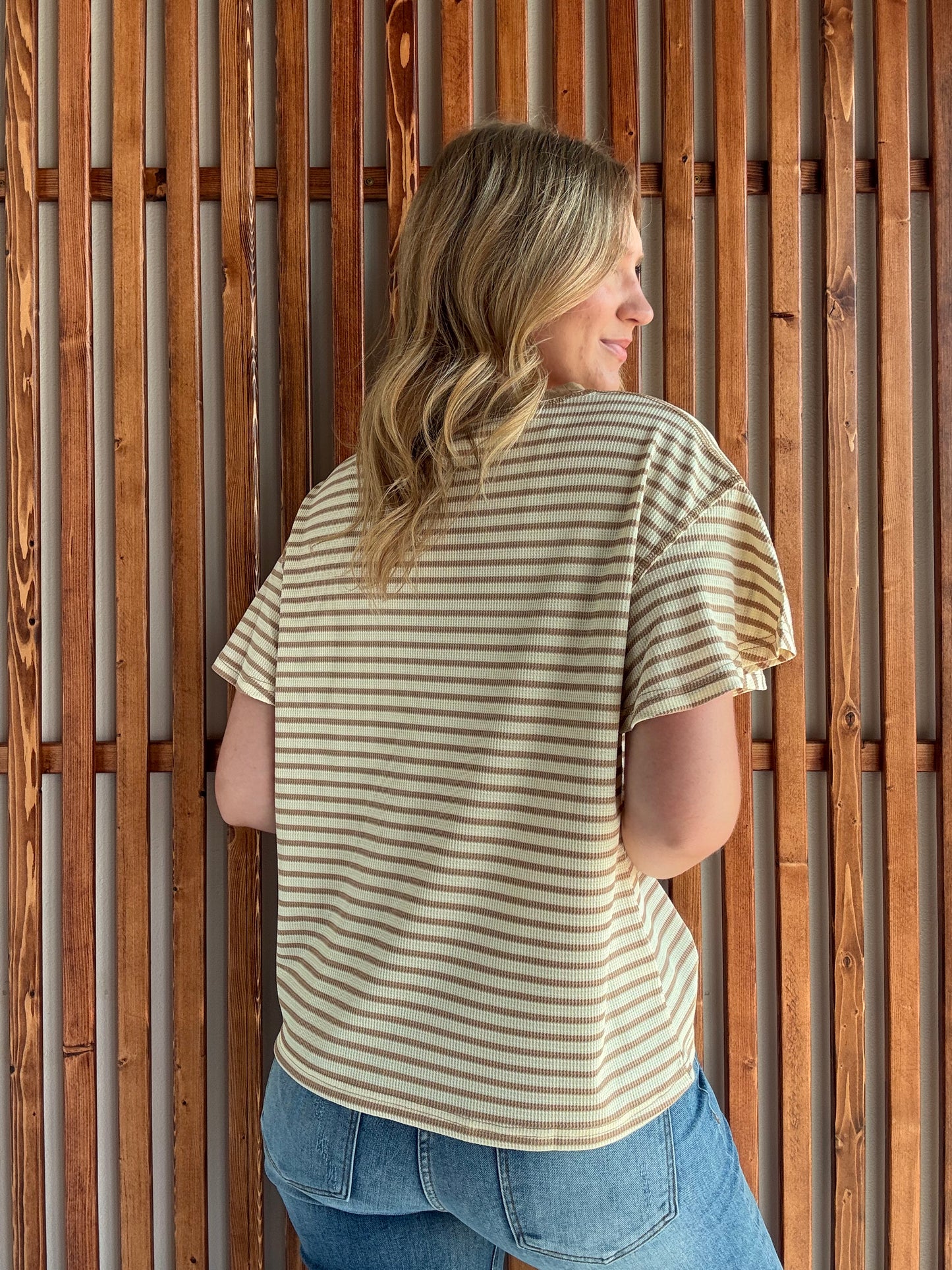 Tan Stripe Ruffle Short Sleeve Top - FINAL SALE