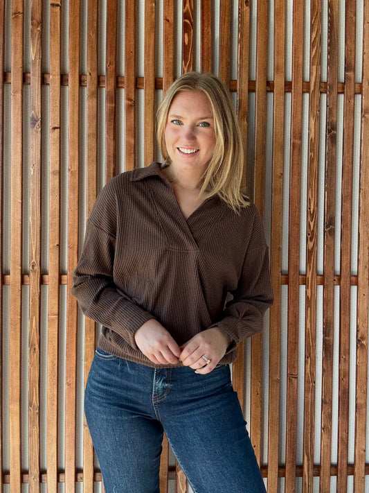 Ribbed Knit Collared Pullover Top - Chocolate
