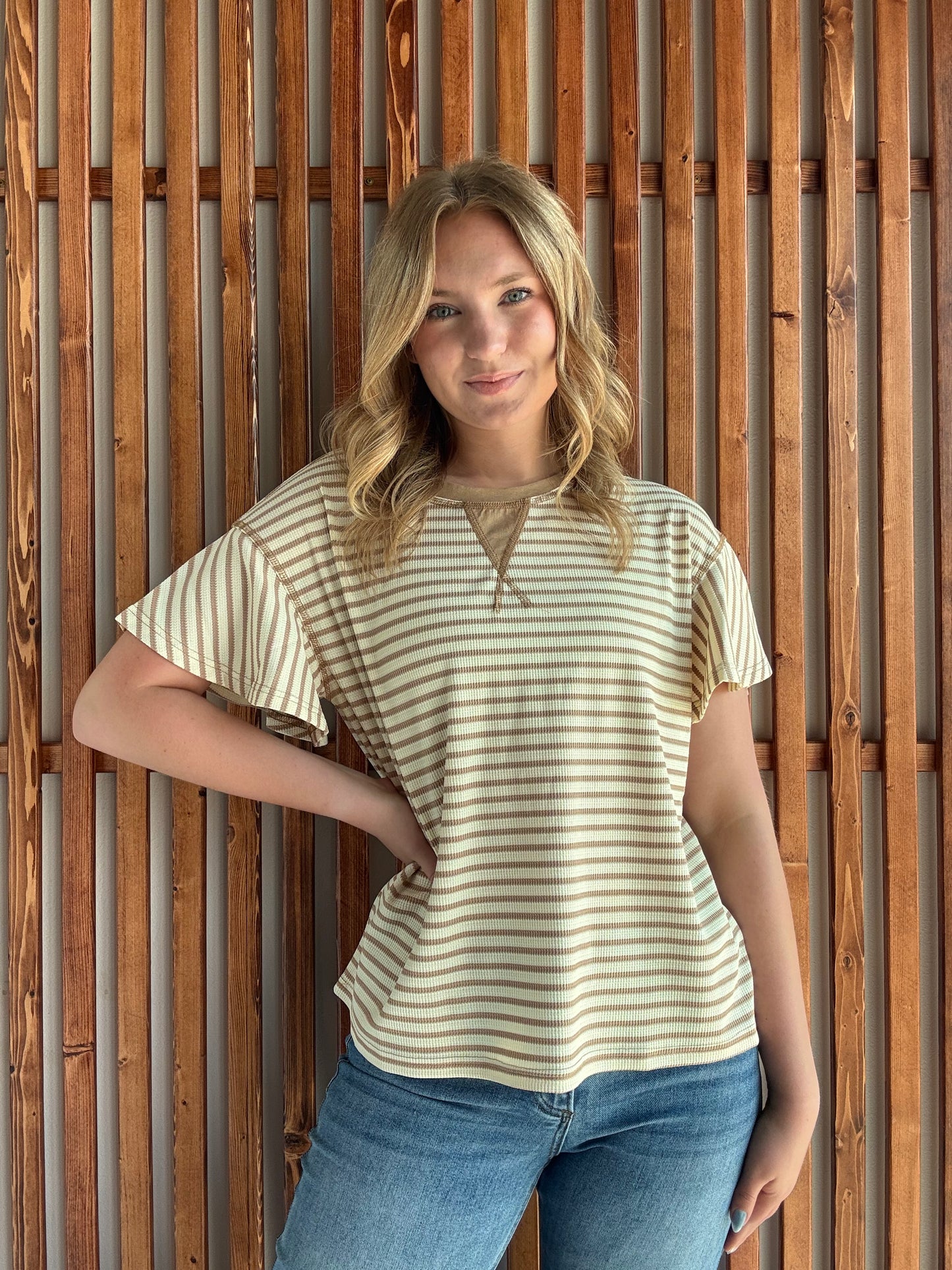 Tan Stripe Ruffle Short Sleeve Top - FINAL SALE