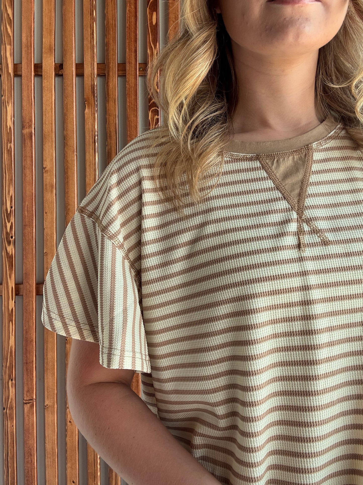 Tan Stripe Ruffle Short Sleeve Top - FINAL SALE