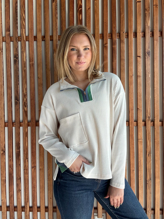 Contrast Stripe Ribbed Zip Pullover - Ecru
