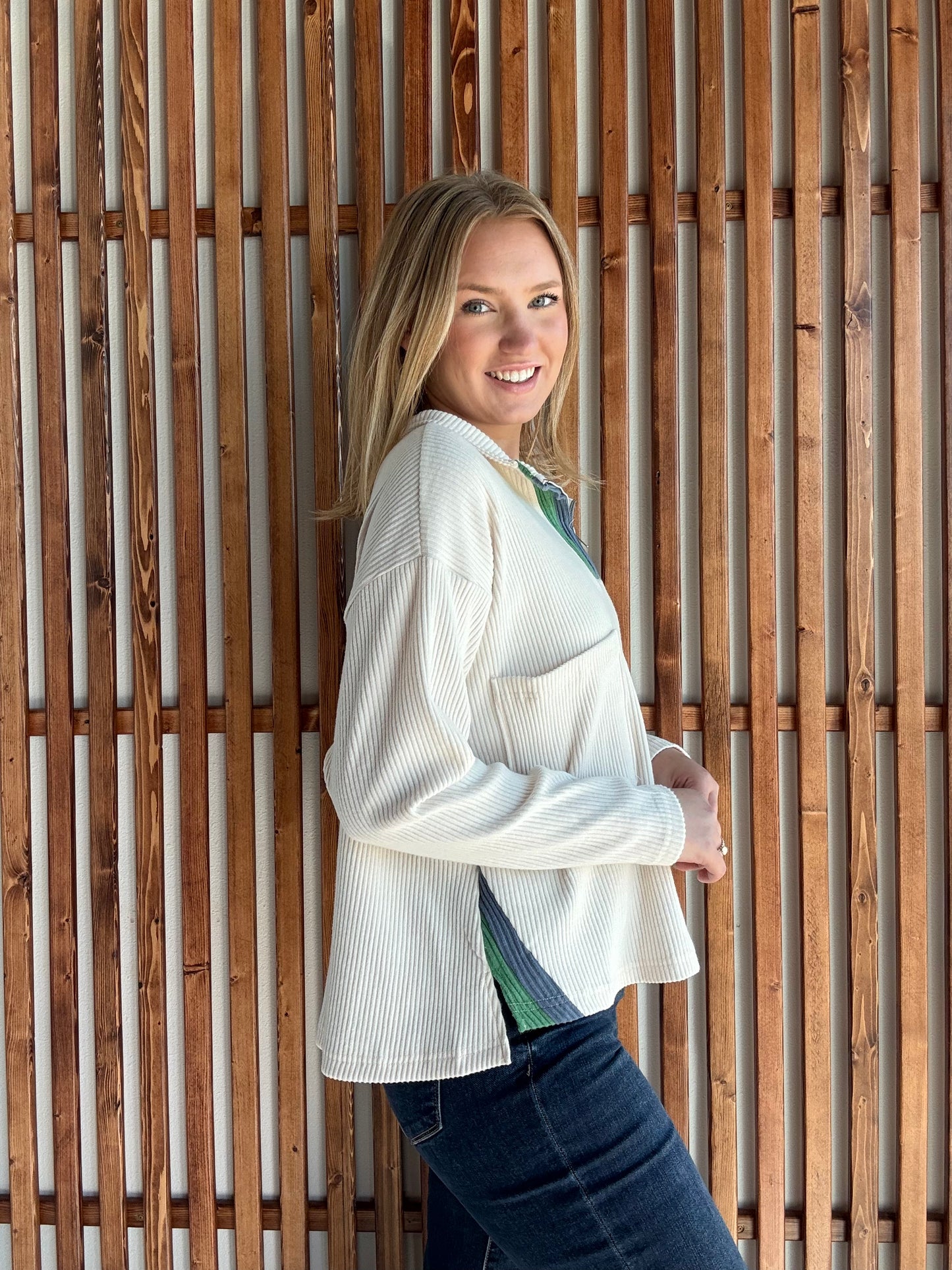 Contrast Stripe Ribbed Zip Pullover - Ecru