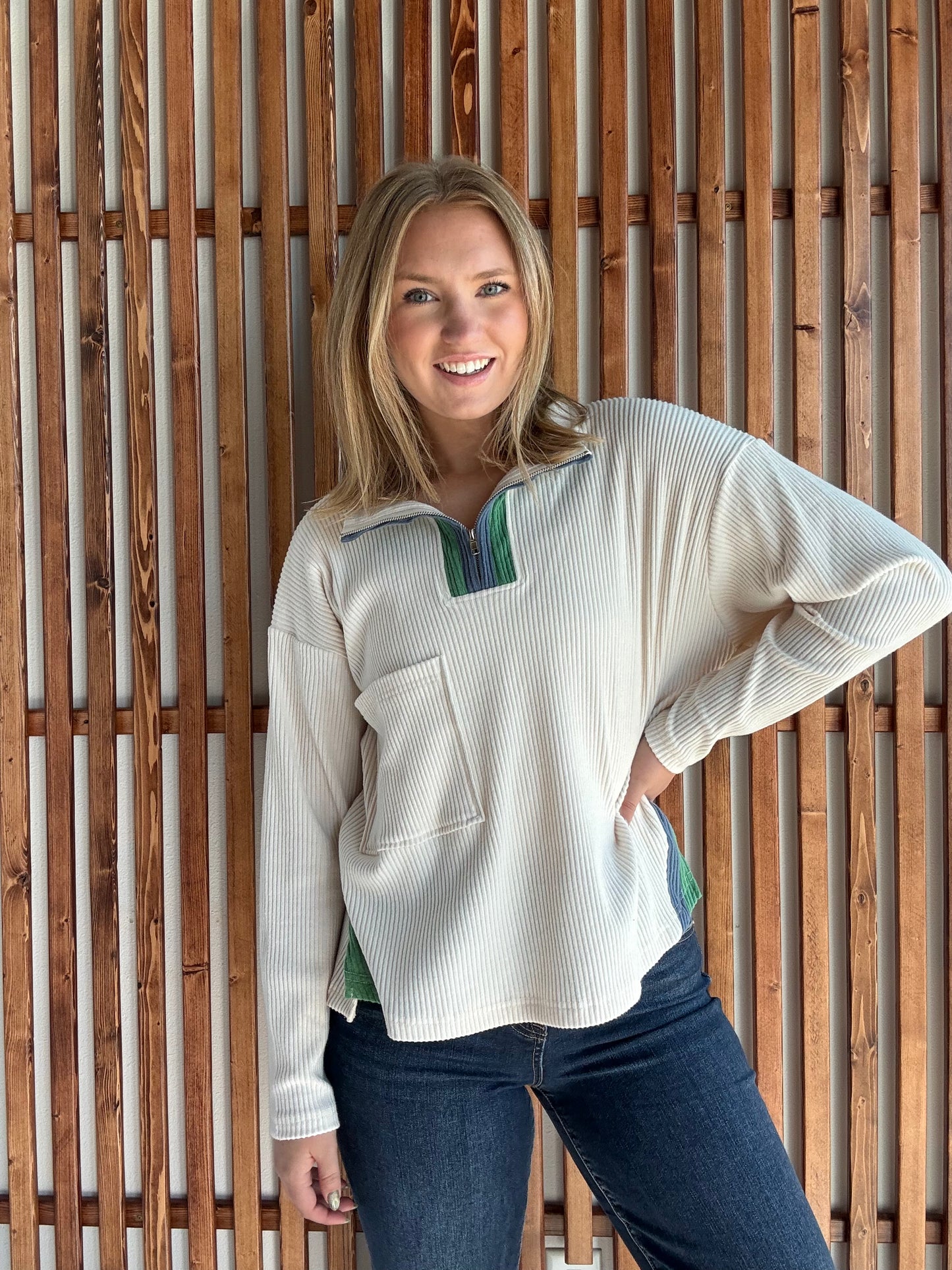 Contrast Stripe Ribbed Zip Pullover - Ecru