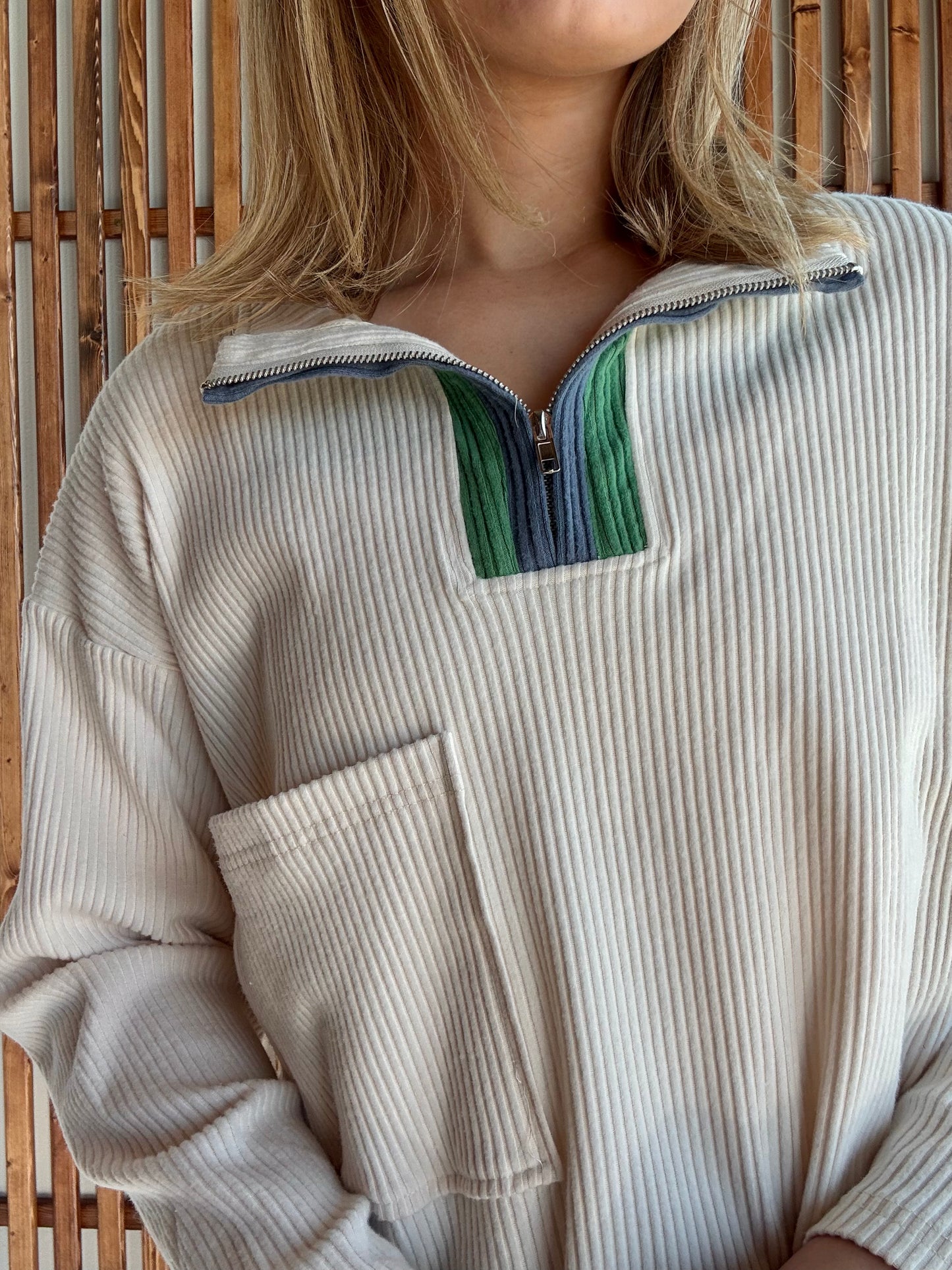 Contrast Stripe Ribbed Zip Pullover - Ecru