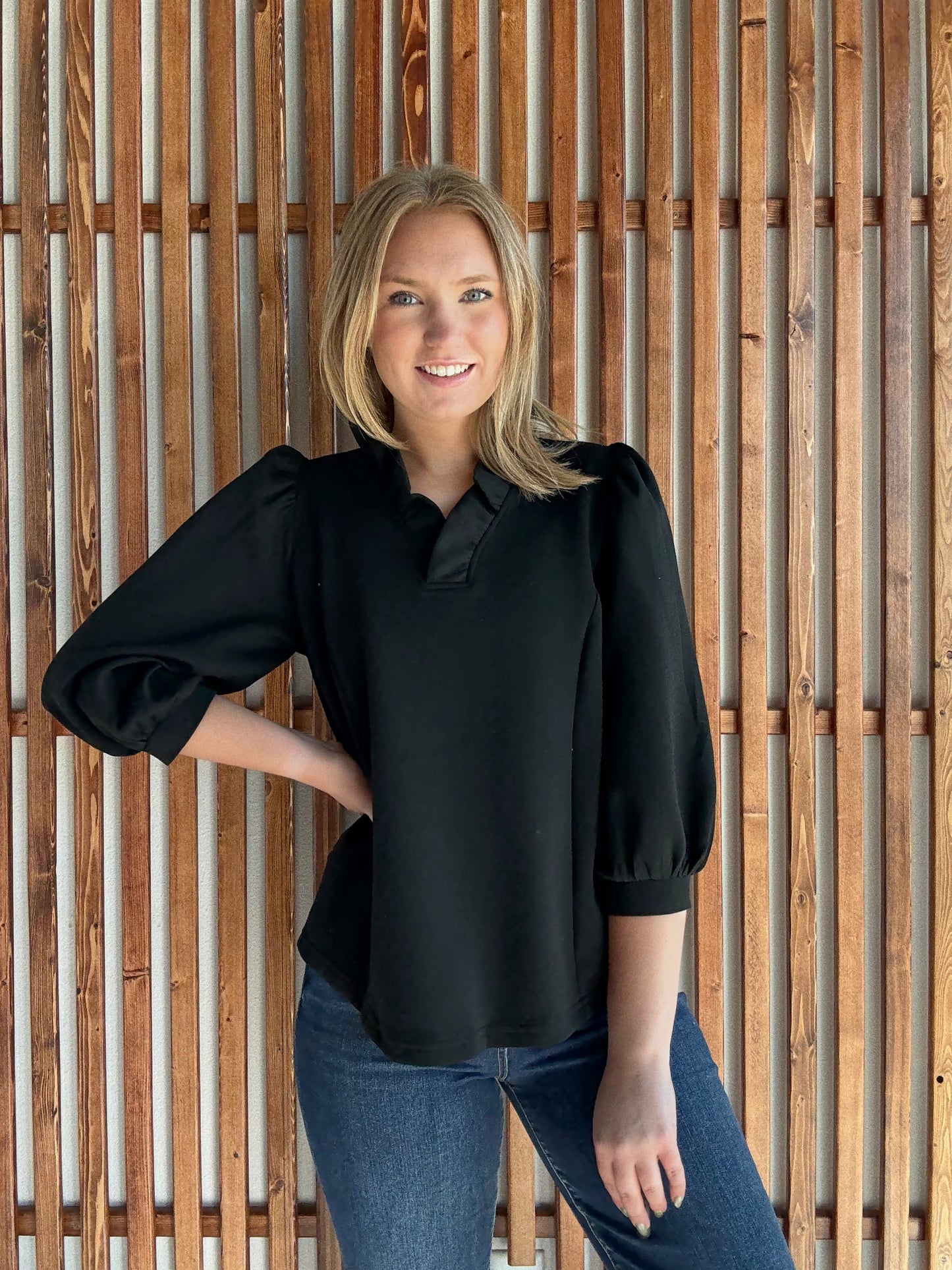 Luxeknit Ruffle Neck Puff Sleeve Blouse - Black