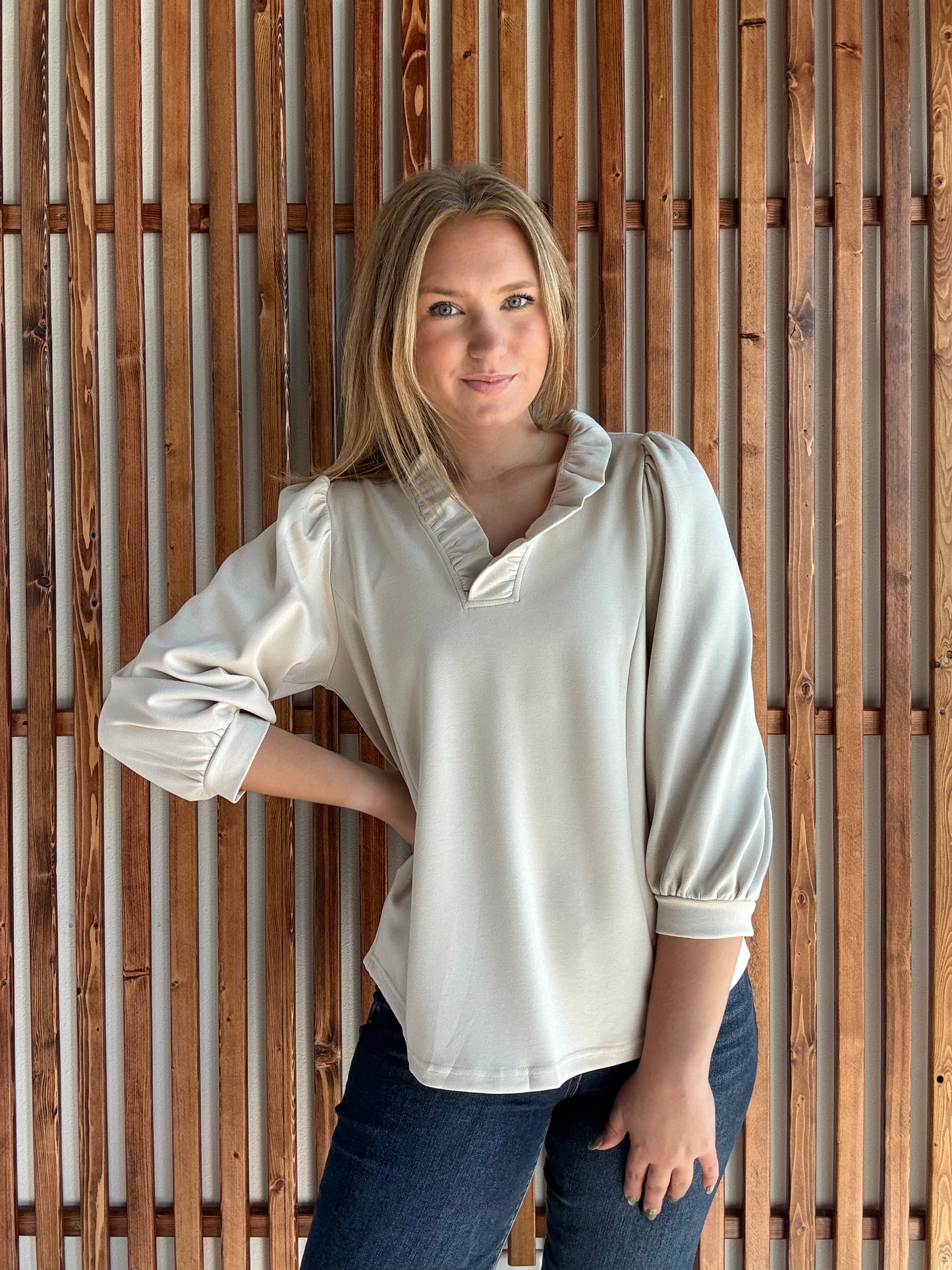 Luxeknit Ruffle Neck Puff Sleeve Blouse - Ecru