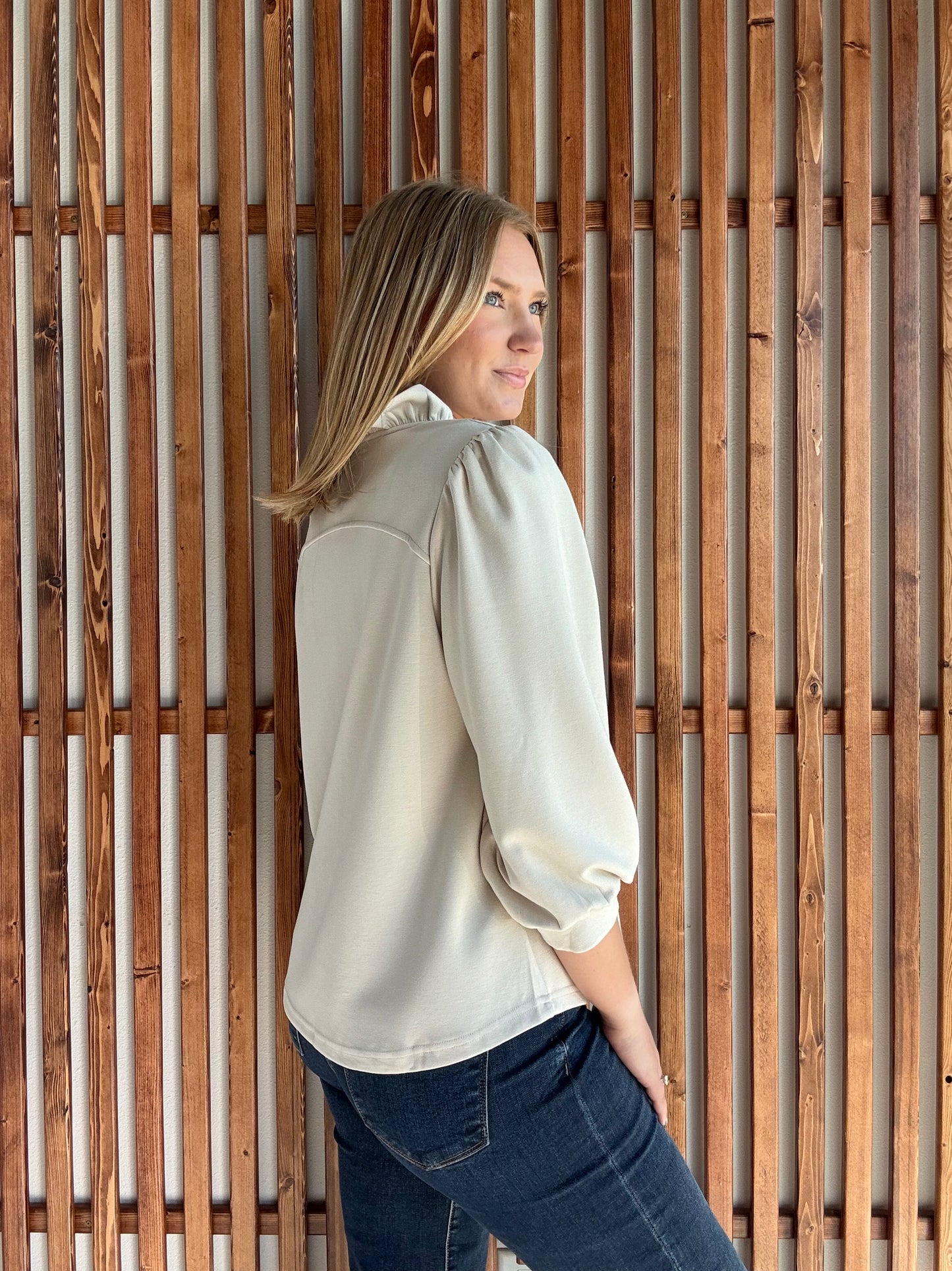 Luxeknit Ruffle Neck Puff Sleeve Blouse - Ecru