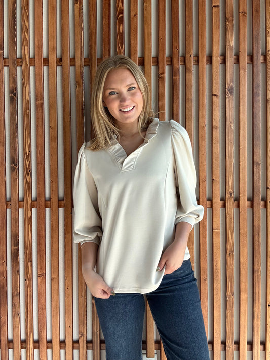Luxeknit Ruffle Neck Puff Sleeve Blouse - Ecru