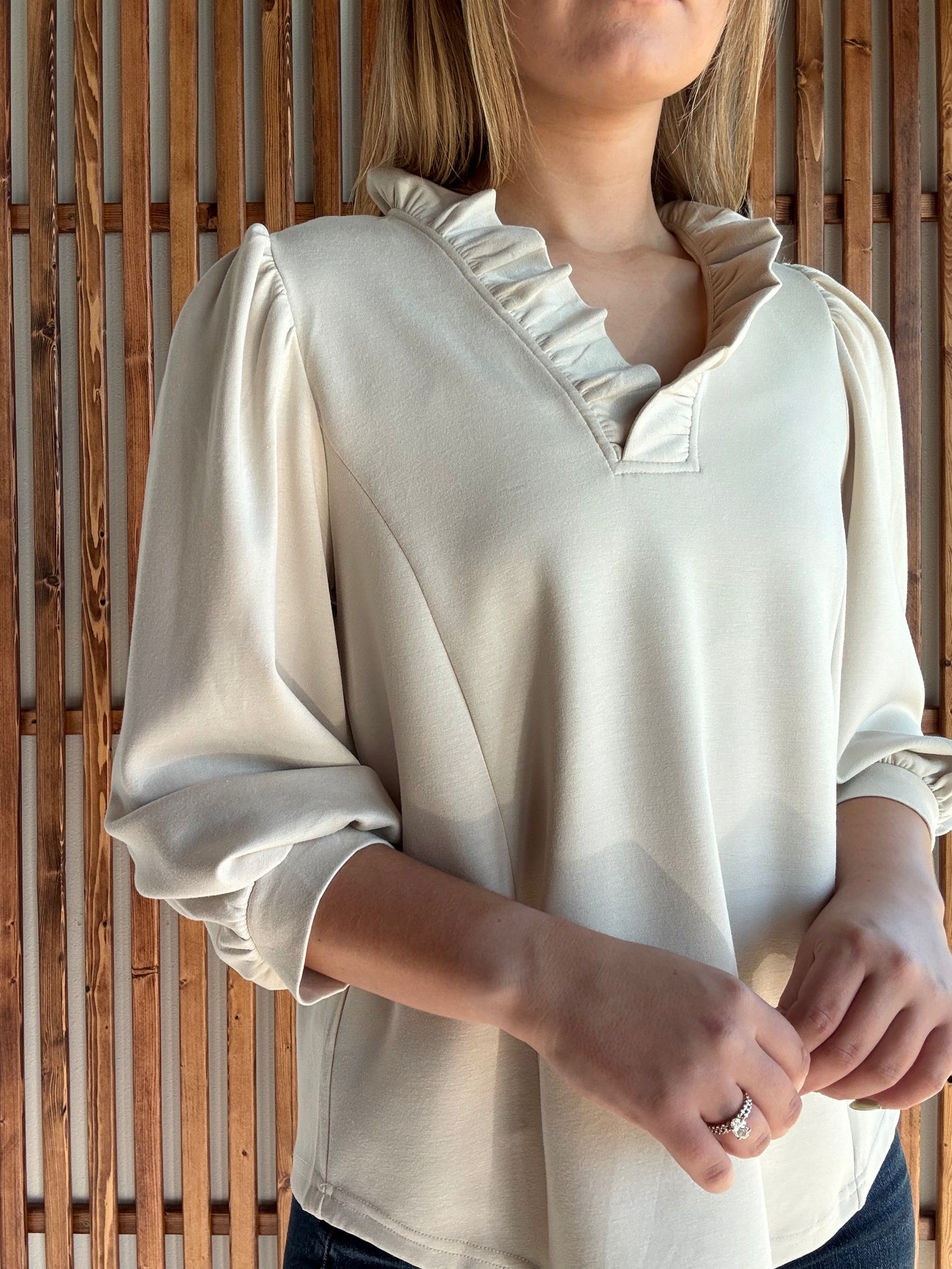 Luxeknit Ruffle Neck Puff Sleeve Blouse - Ecru