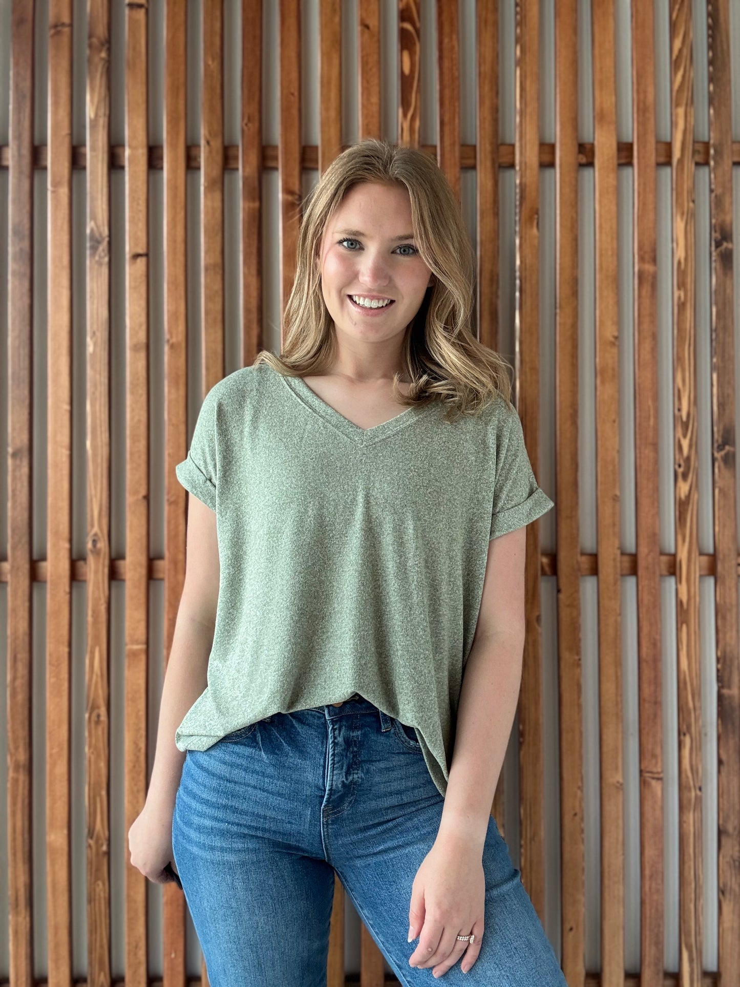 Soft Melange Hacci V-Neck Tee - Light Olive