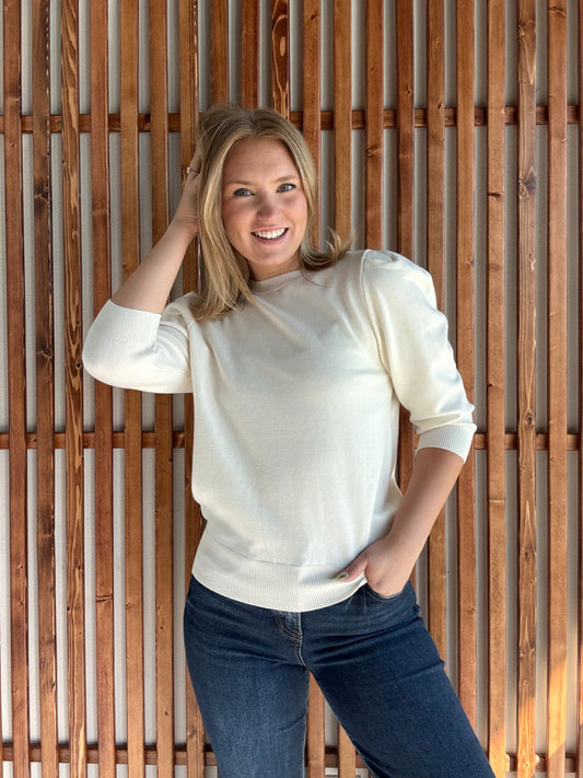 Puff Sleeve Knit Sweater - Off White