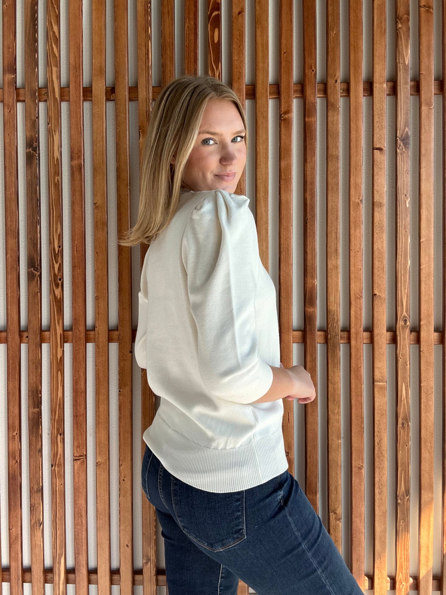 Puff Sleeve Knit Sweater - Off White