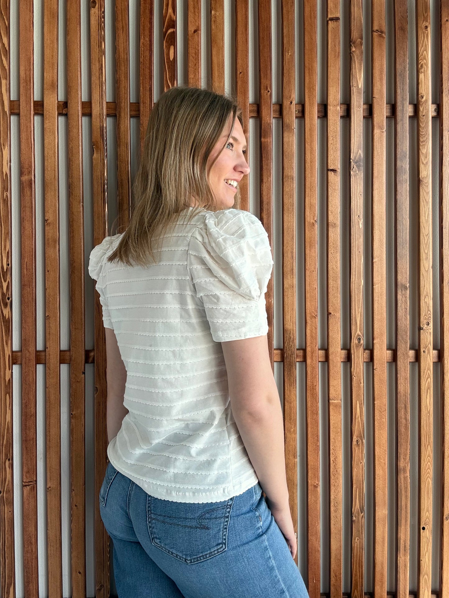 Textured Stripe Pleated Puff Short Sleeve Top - Off White