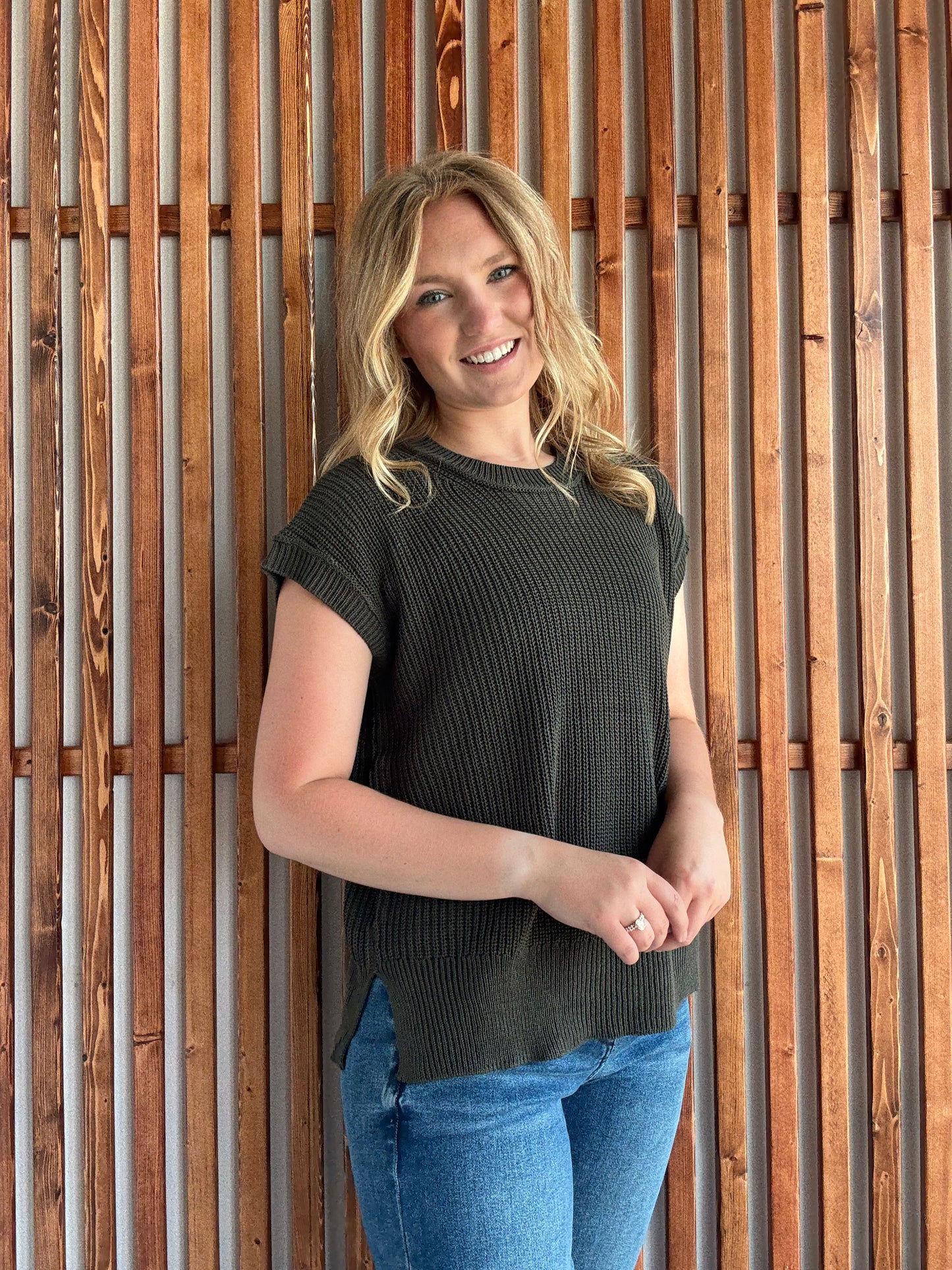 Oversized Crew Neck Sweater Vest - Dark Olive