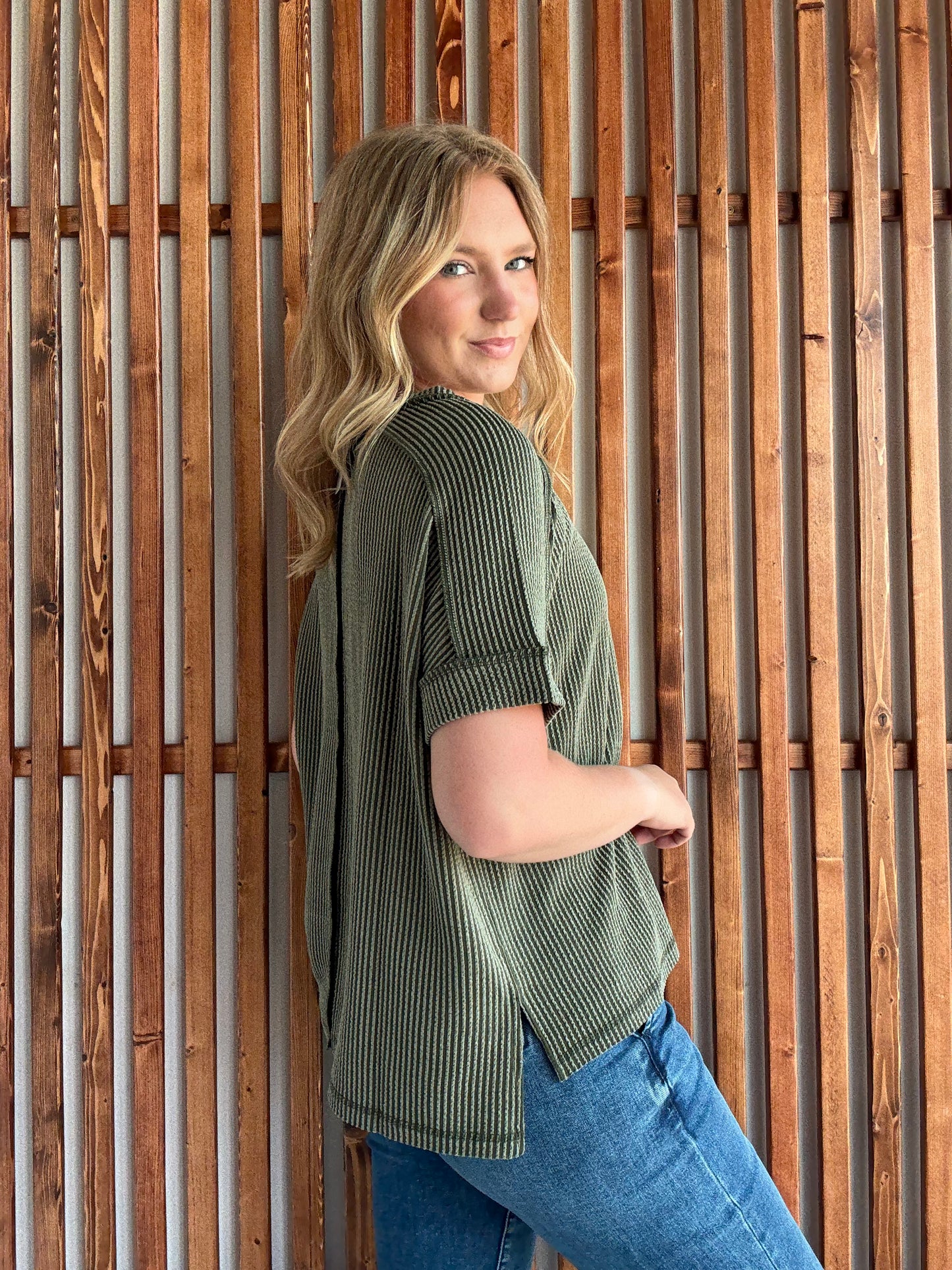 Ribbed Cuff Sleeve Raw Edge Top - Dark Olive