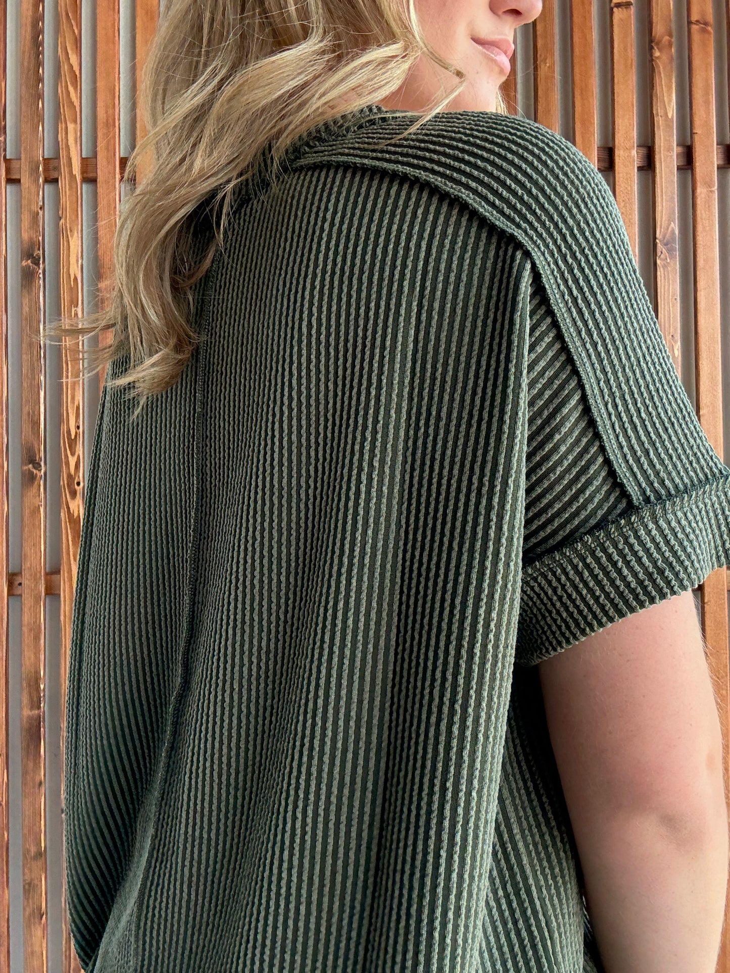 Ribbed Cuff Sleeve Raw Edge Top - Dark Olive