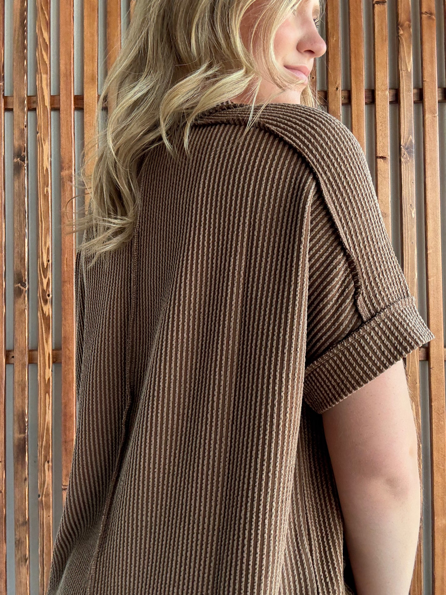 Ribbed Cuff Sleeve Raw Edge Top - Deep Camel