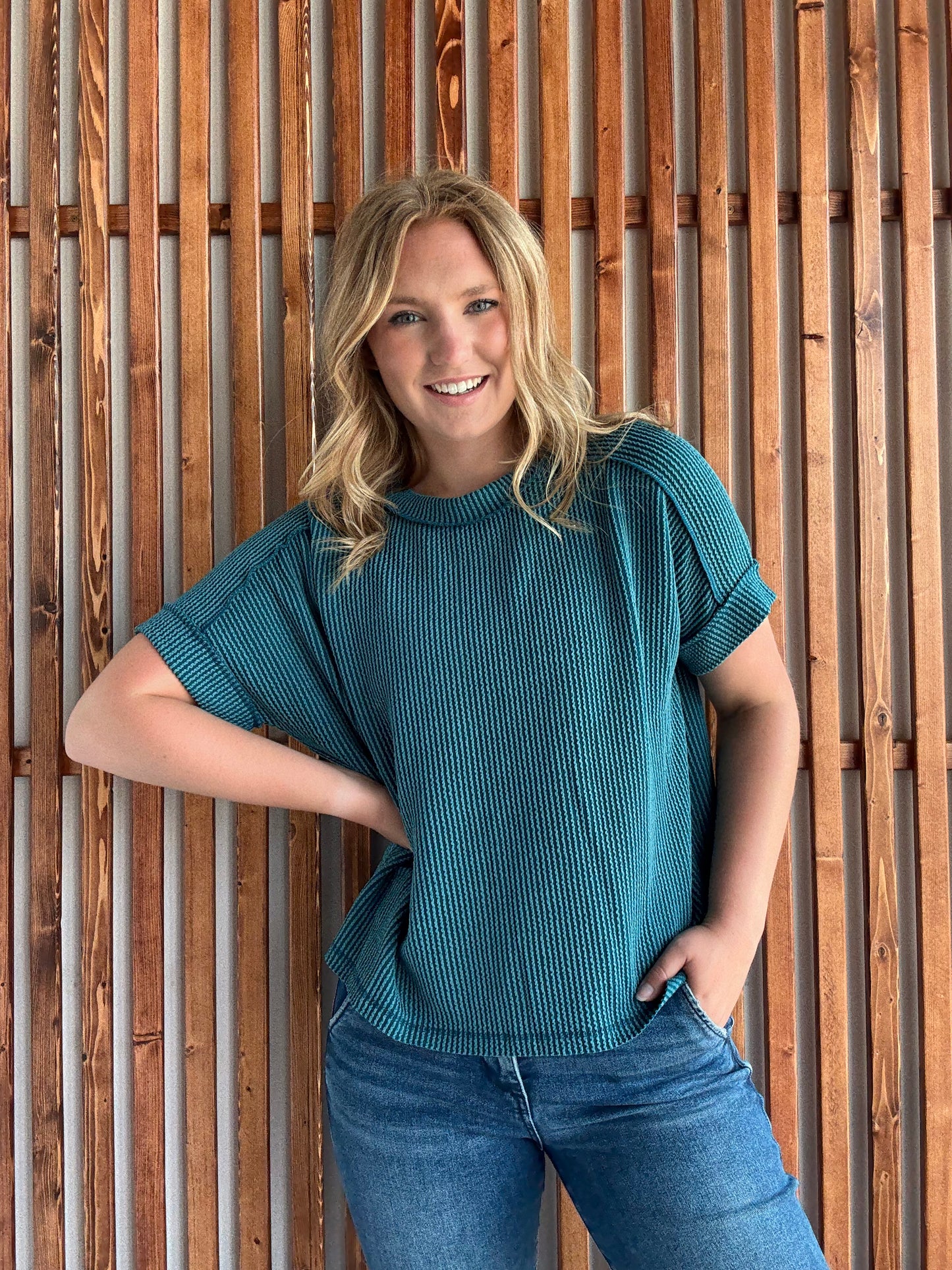 Ribbed Cuff Sleeve Raw Edge Top - Teal