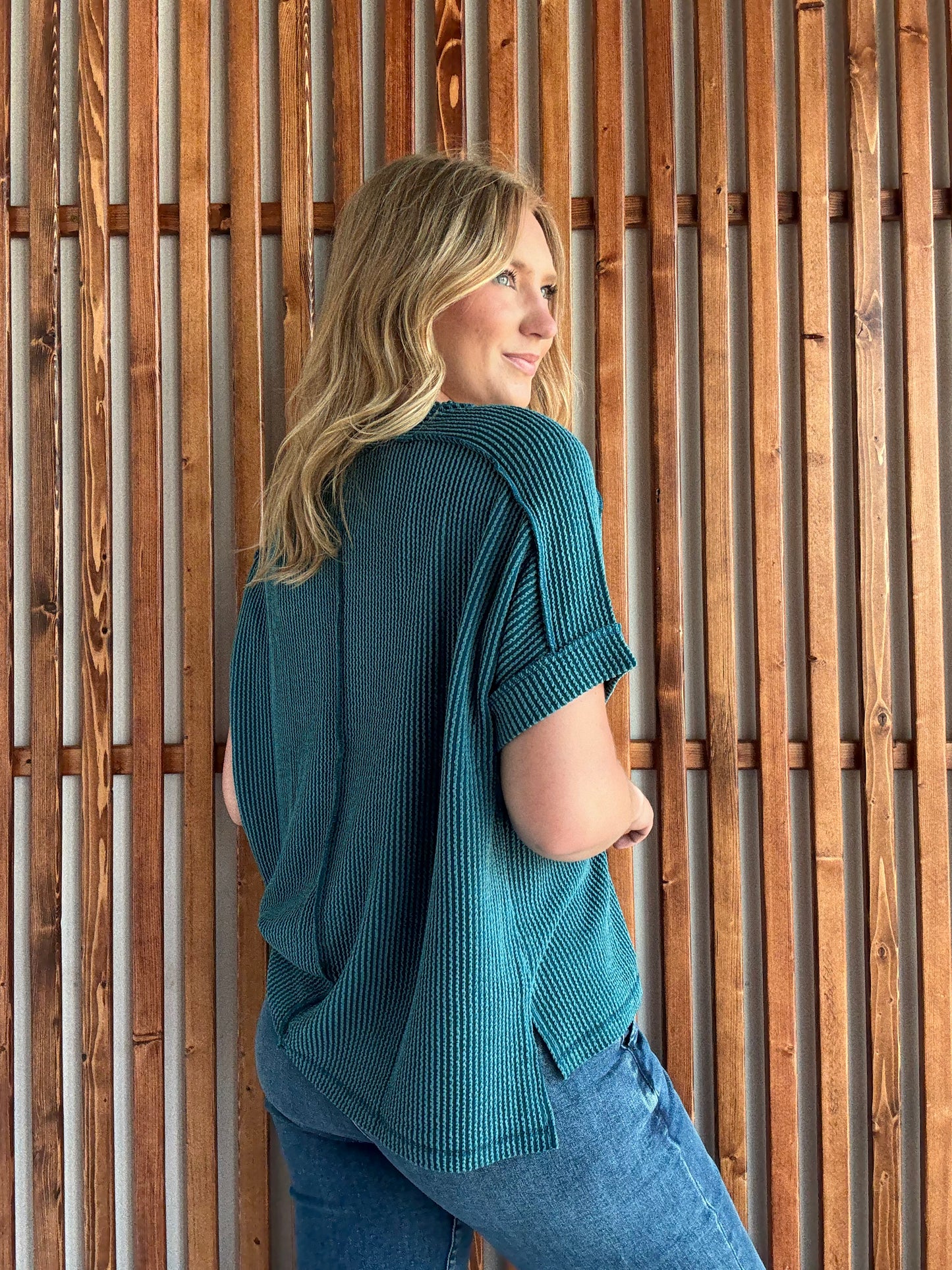 Ribbed Cuff Sleeve Raw Edge Top - Teal