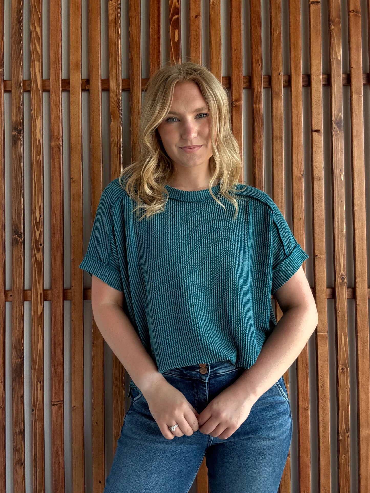 Ribbed Cuff Sleeve Raw Edge Top - Teal