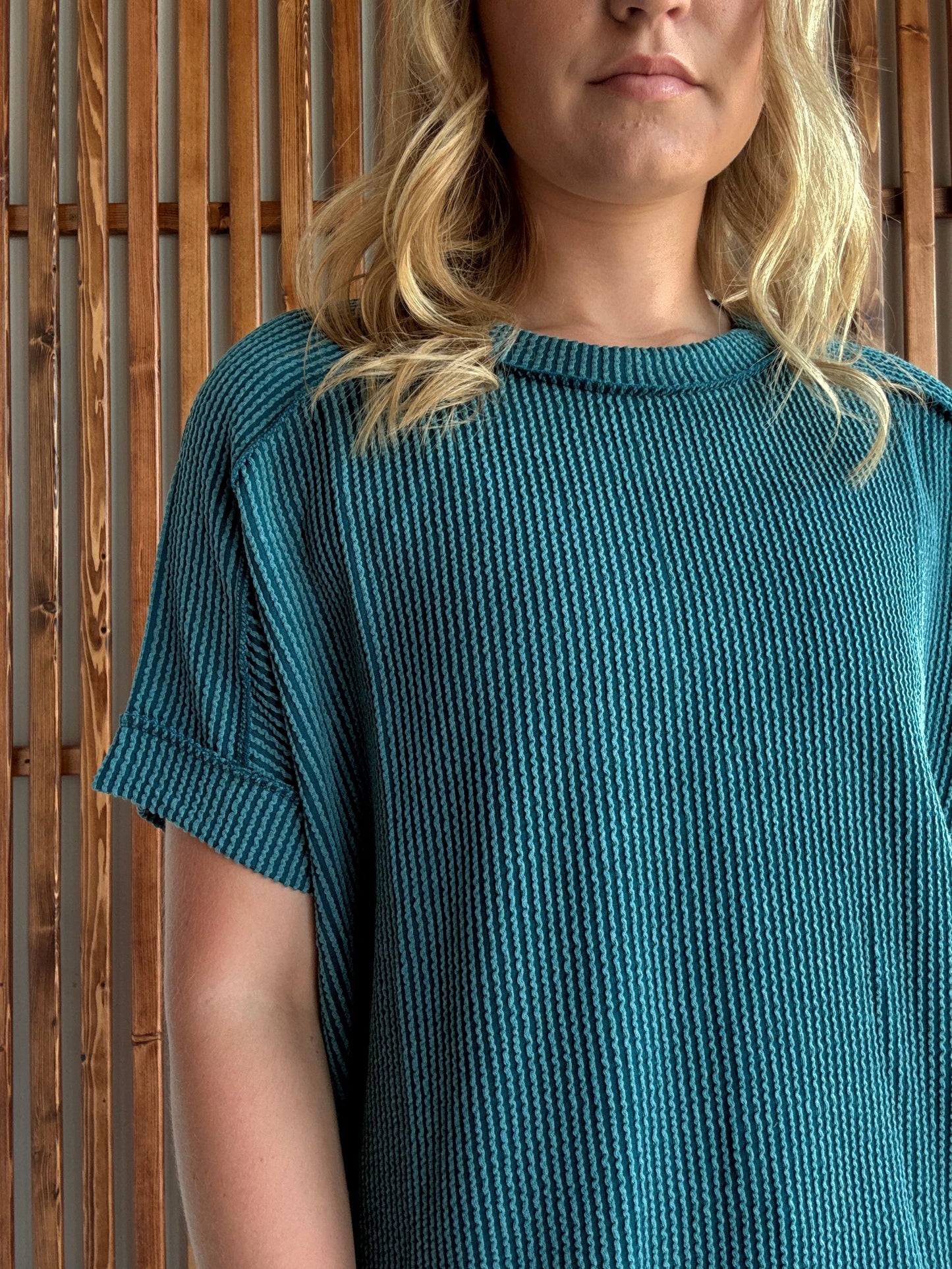 Ribbed Cuff Sleeve Raw Edge Top - Teal