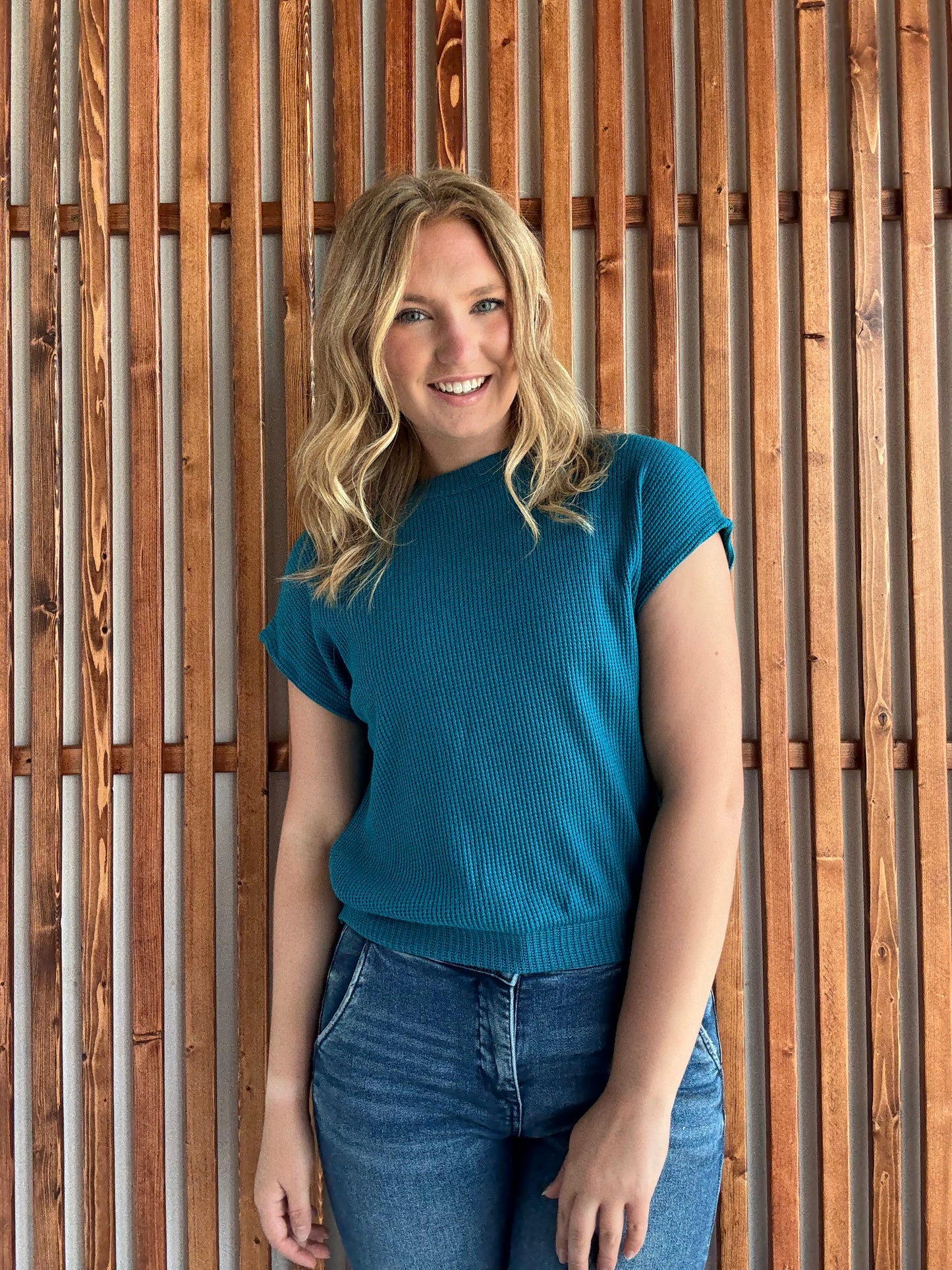 Banded Bottom Short Sleeve Sweater - Ocean Teal