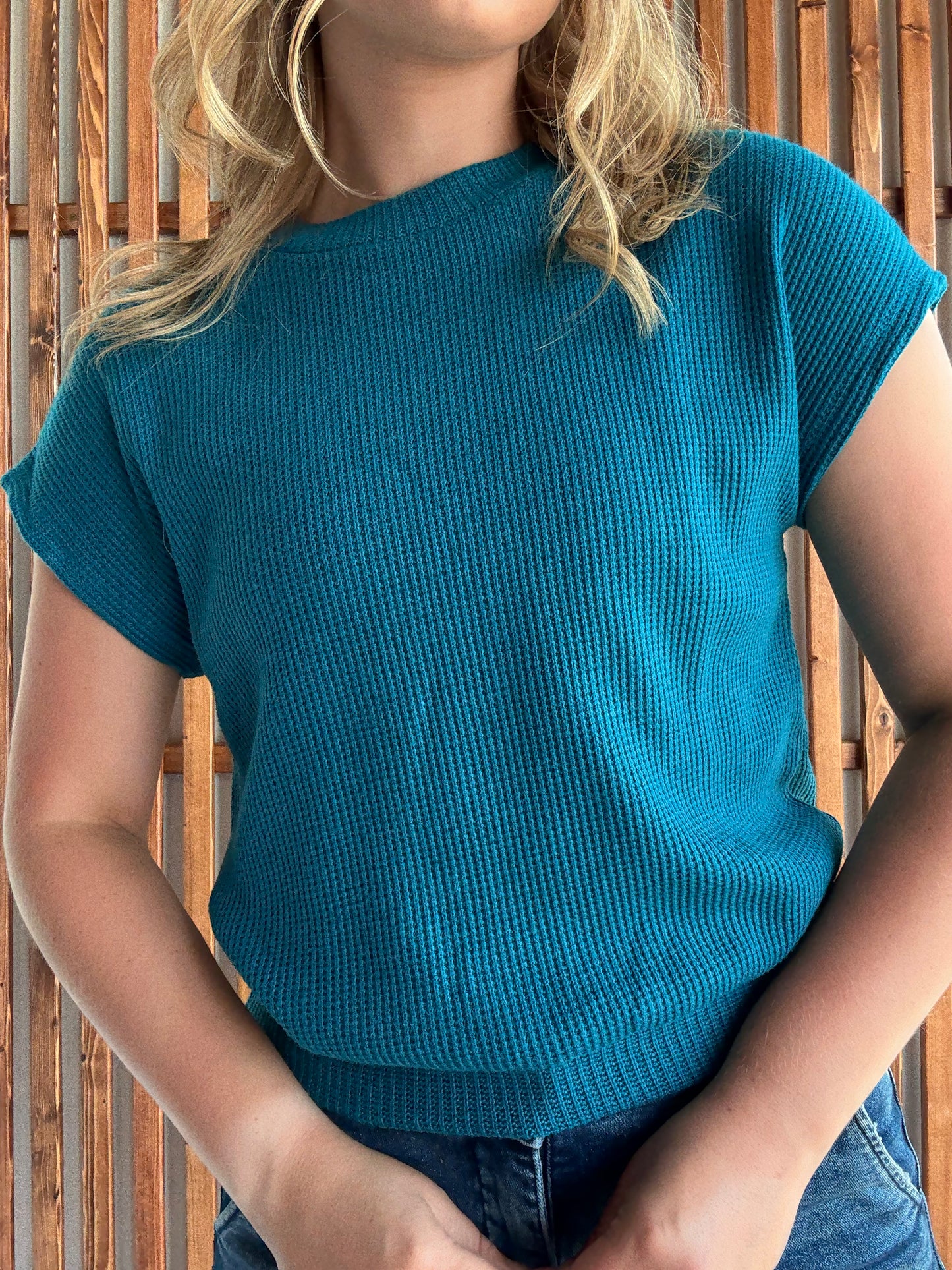 Banded Bottom Short Sleeve Sweater - Ocean Teal