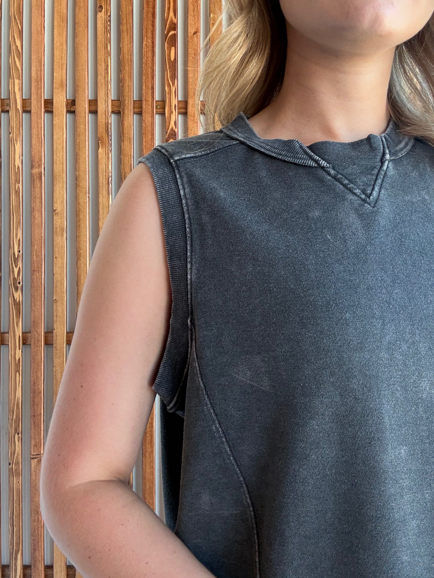 French Terry Sleeveless Top- Charcoal/Black