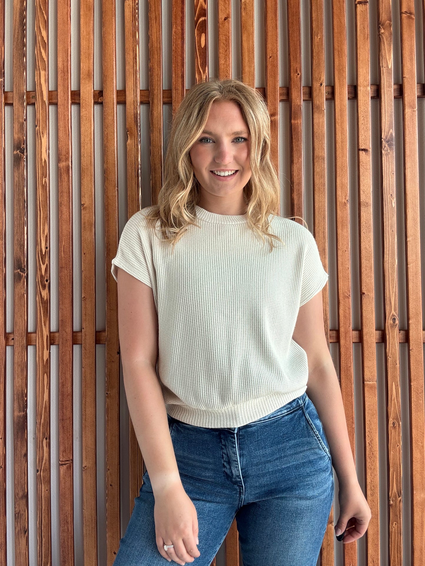 Banded Bottom Short Sleeve Sweater - Sand Beige