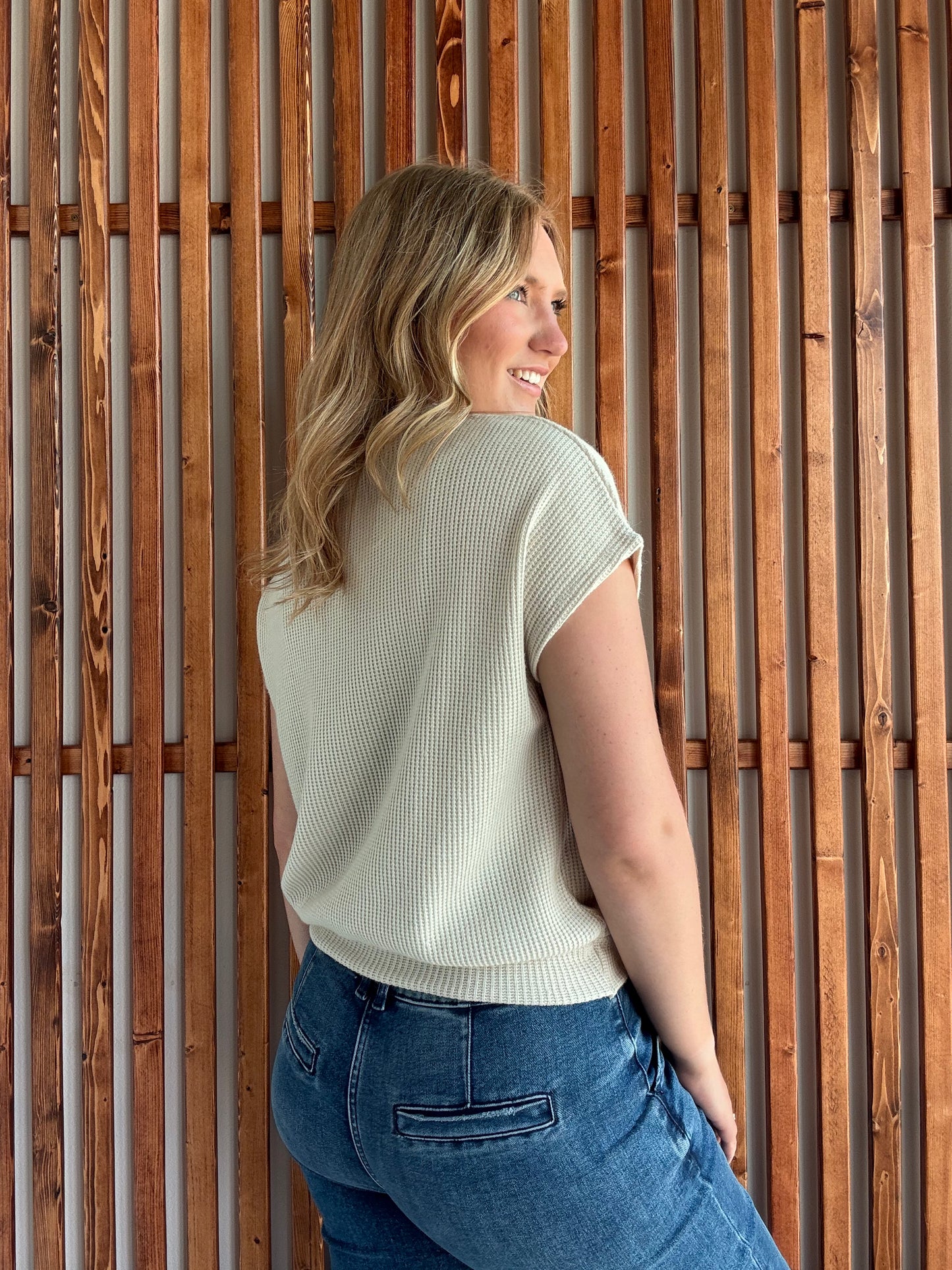 Banded Bottom Short Sleeve Sweater - Sand Beige