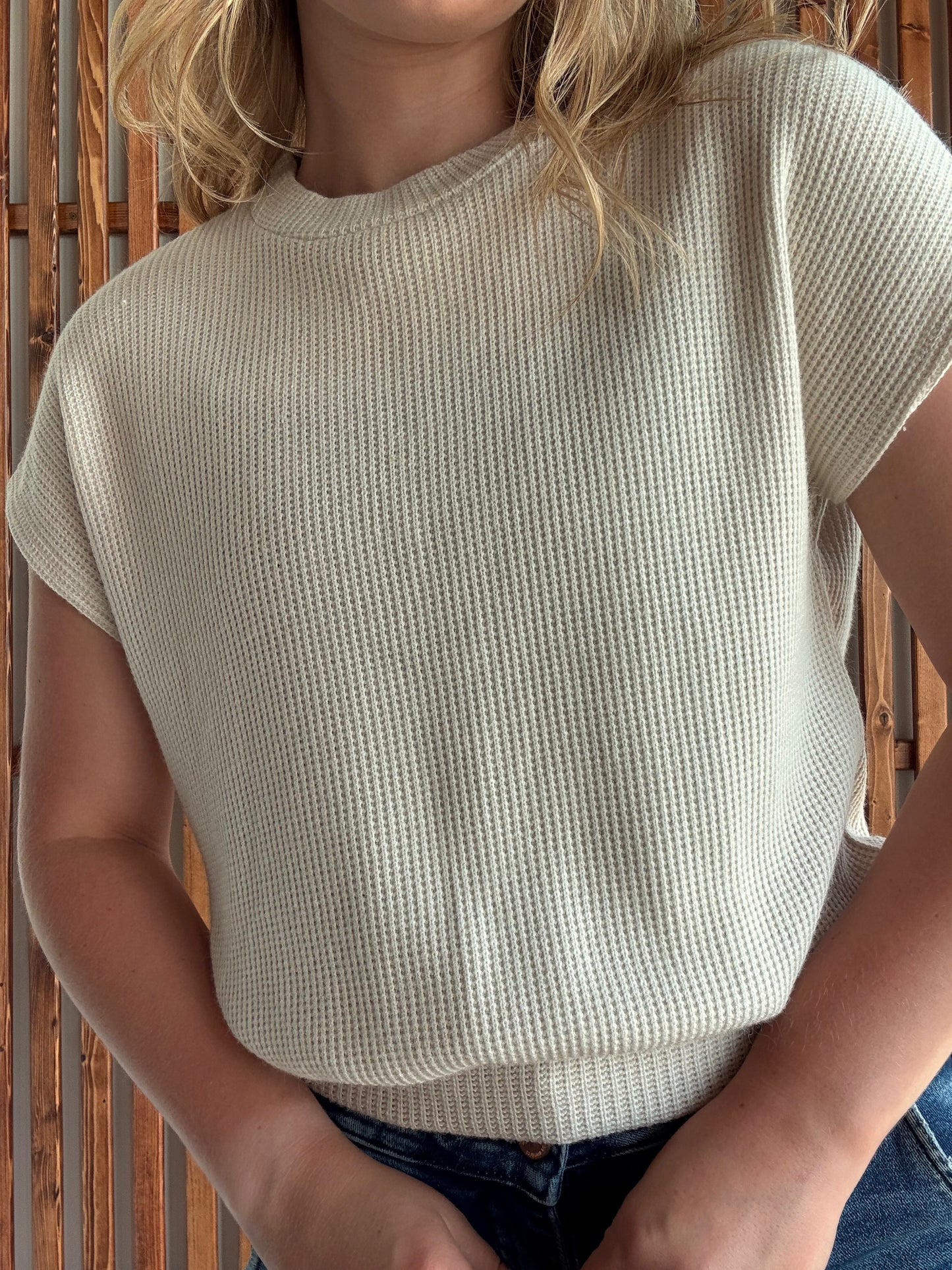 Banded Bottom Short Sleeve Sweater - Sand Beige