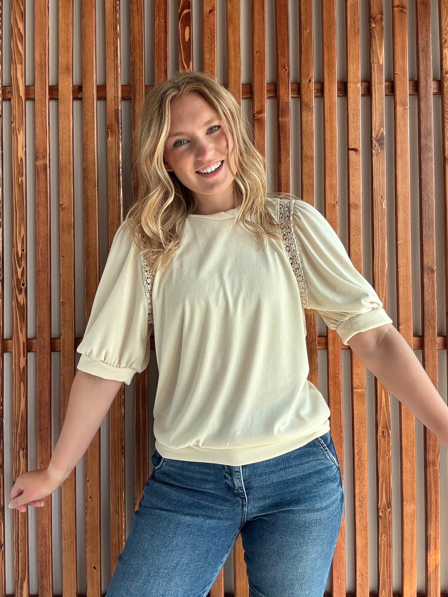 Cream Lace Trim Puff Half Sleeve Top