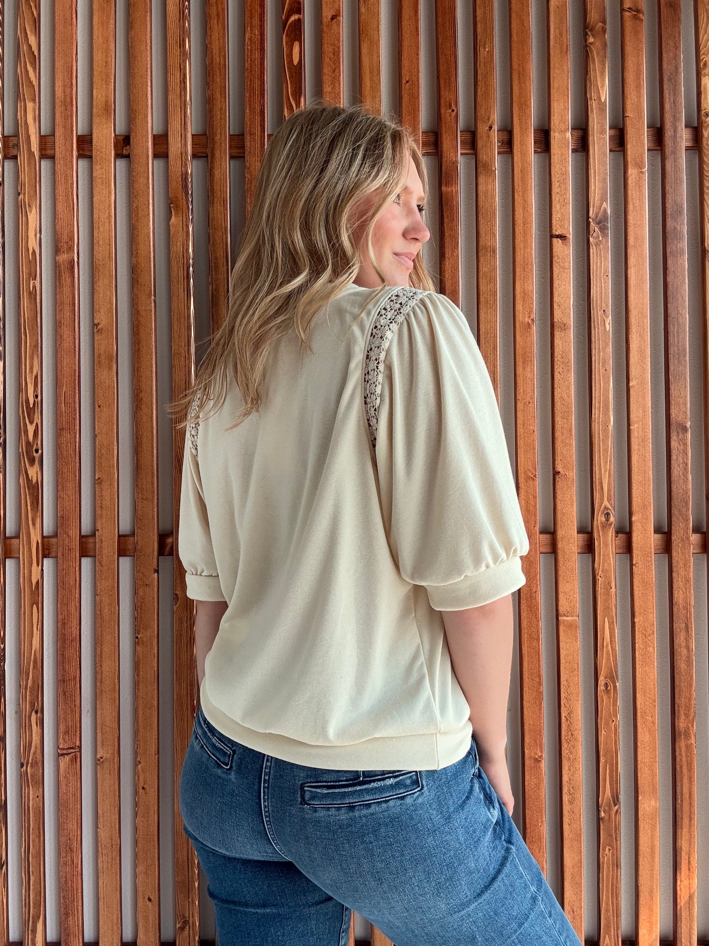 Cream Lace Trim Puff Half Sleeve Top