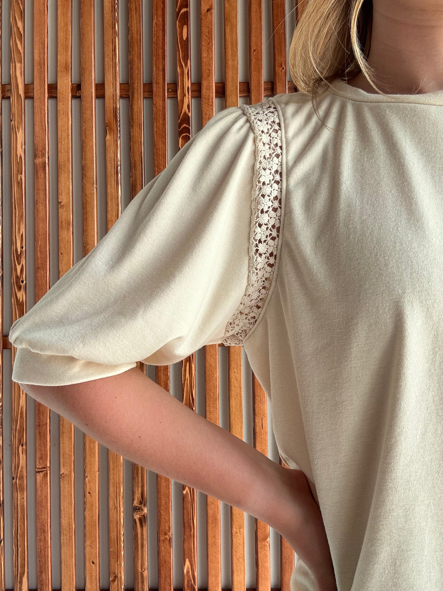 Cream Lace Trim Puff Half Sleeve Top